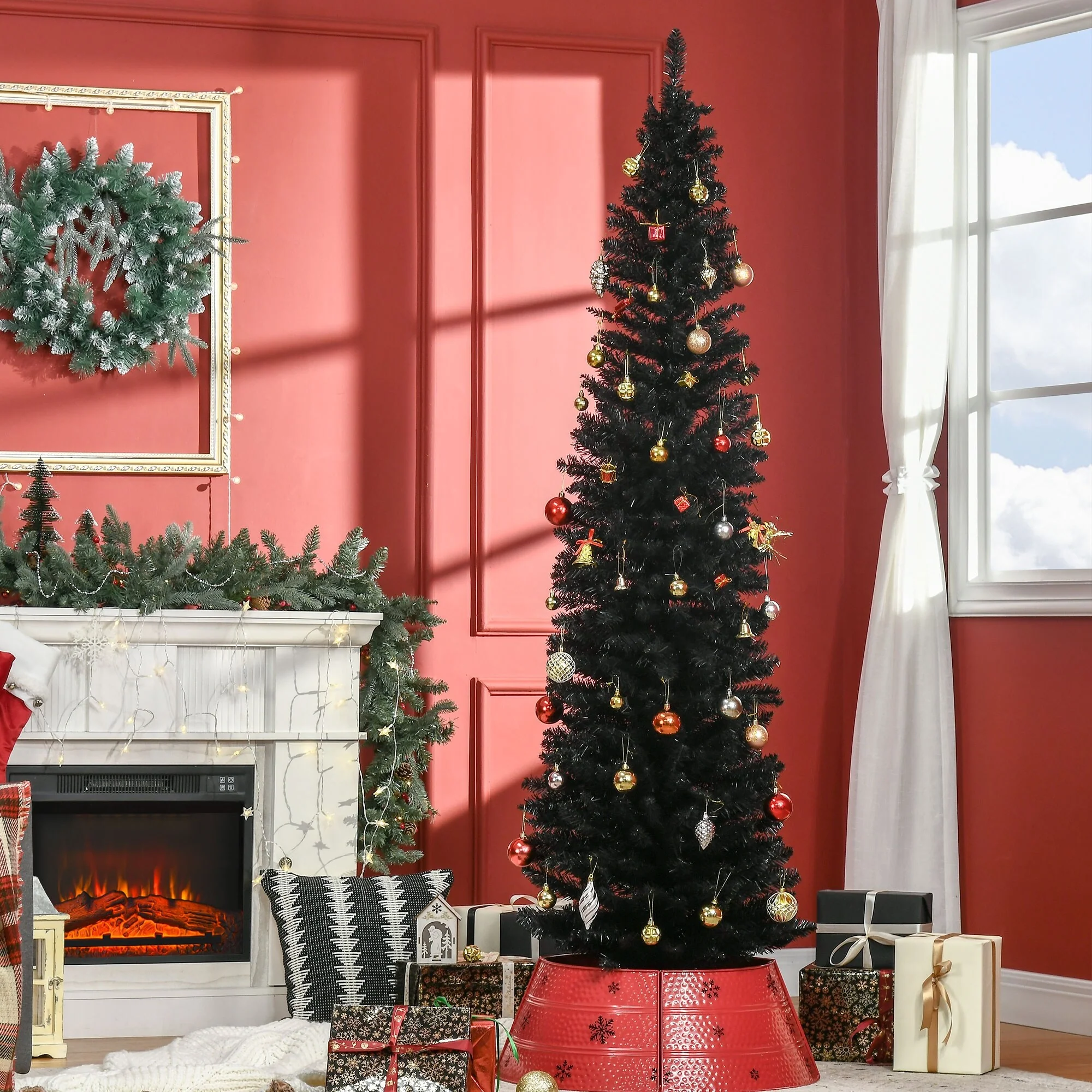 5ft/6ft/7ft Artificial Pencil Christmas Tree, Space-Saving Design with Flame-Retardant Safety