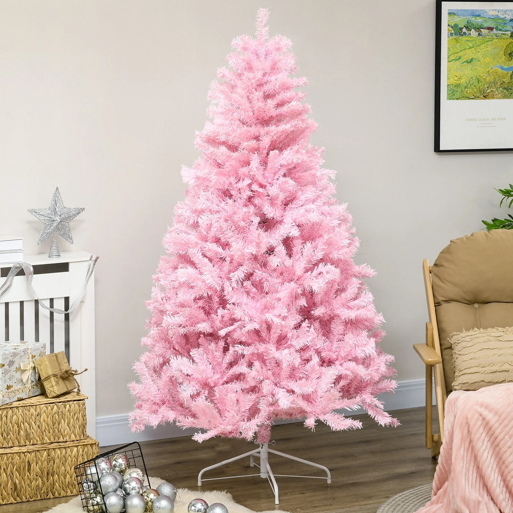 6ft Tall Pink Artificial Christmas Tree with 1000 Branch Tips, Easy Assembly, Wide Shape & Steel Base