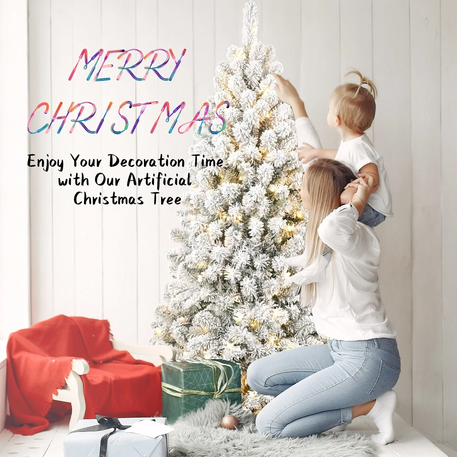 Snow-Flocked Pre-Lit Christmas Tree with Memory Wire Tips and 300-400 Warm Lights, Easy Setup for Indoor Holiday Display