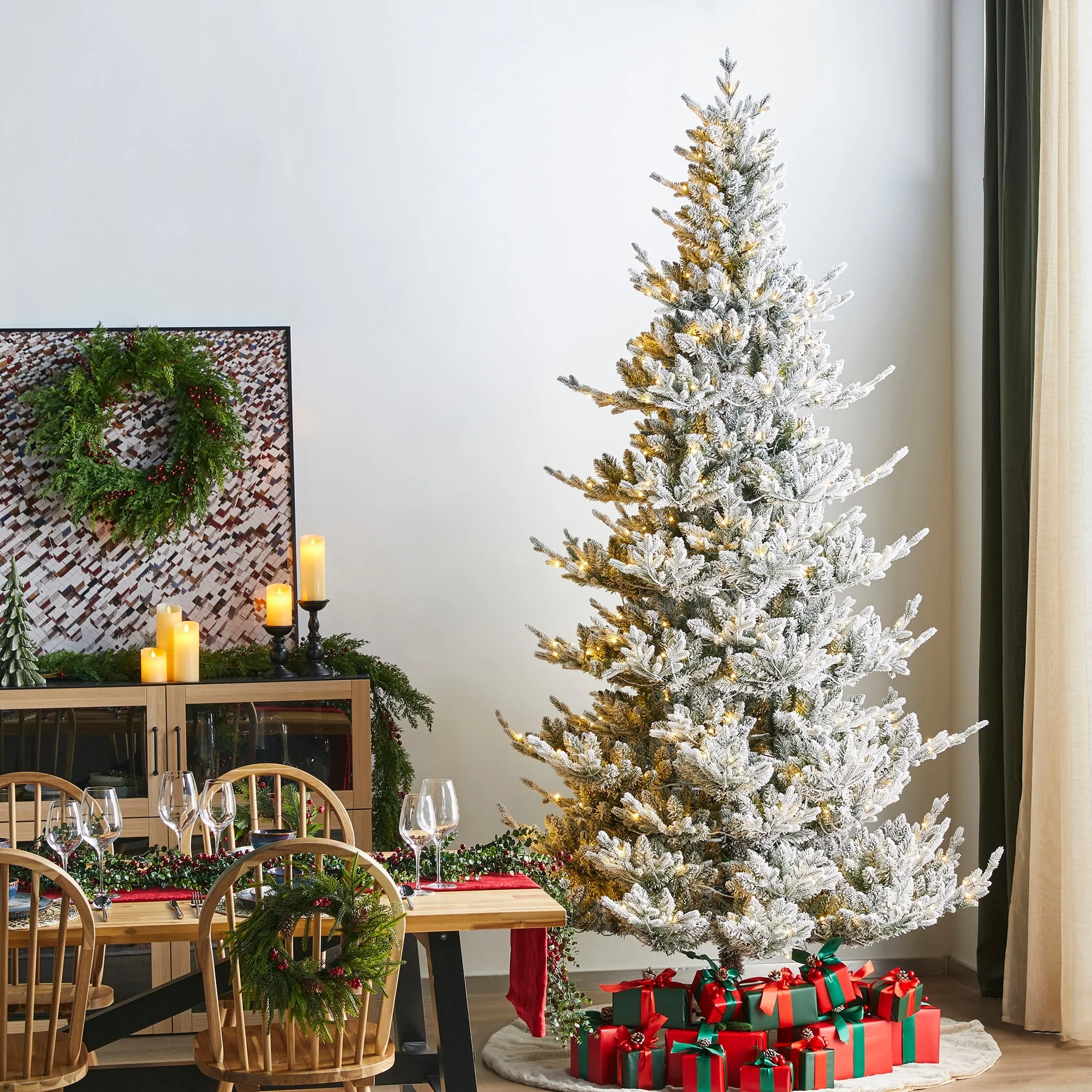 Glitzhome 7.5ft/9ft Pre-Lit Flocked Upward Slim Fir Artificial Christmas Tree with Remote Control