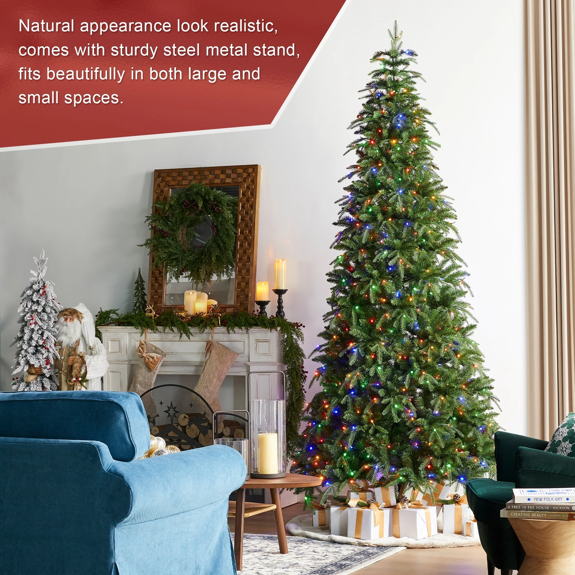 Glitzhome 7.5FT/9FT/11FT/15FT Pre-Lit Green Slim Fir Artificial Christmas Tree with Remote Control