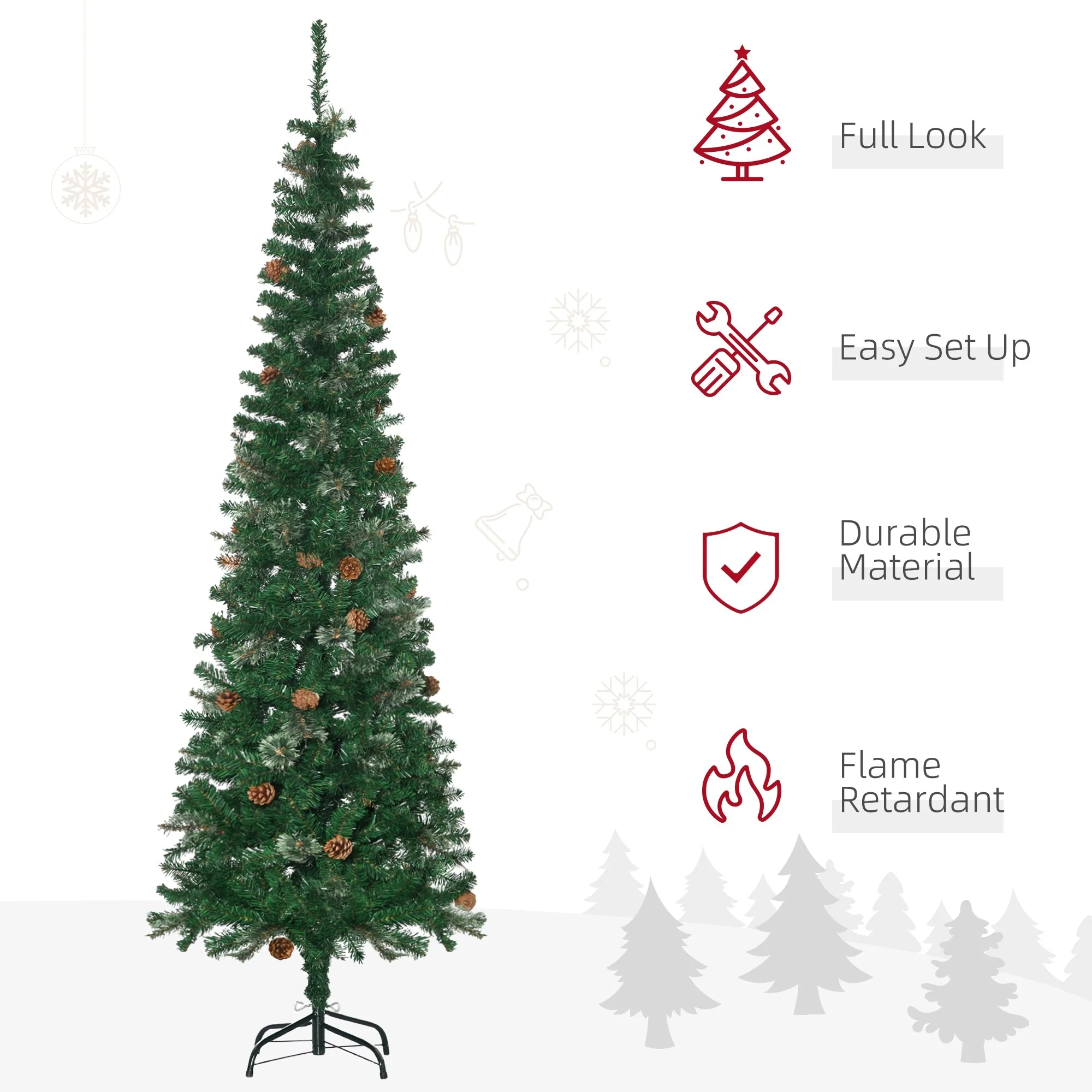6.5FT Pencil Artificial Christmas Tree with Pine Cones and Needles, Unlit, Slim Design