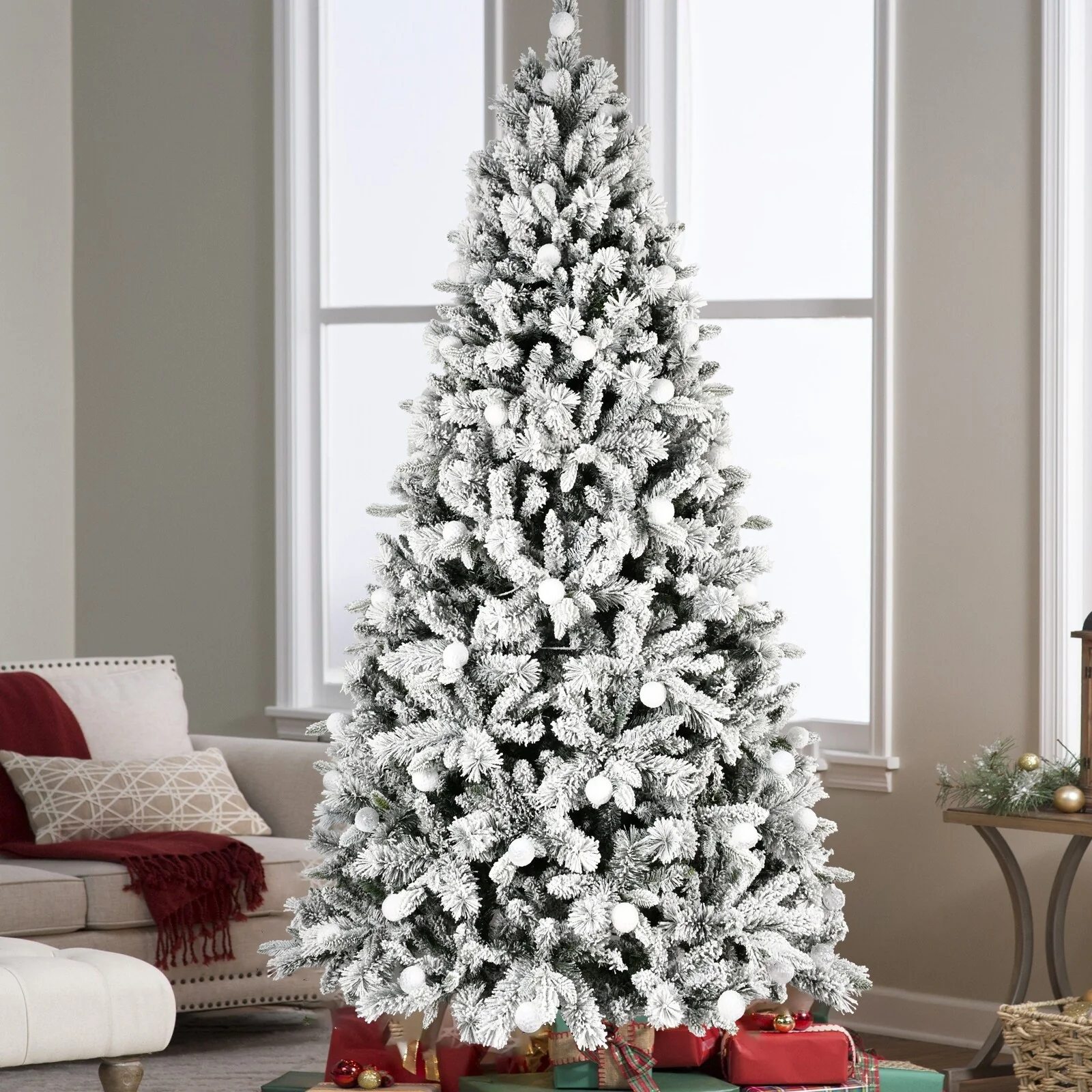 8ft Artificial Snow-Flocked Christmas Tree with LED Lights, Memory Wire, and Easy Power Setup