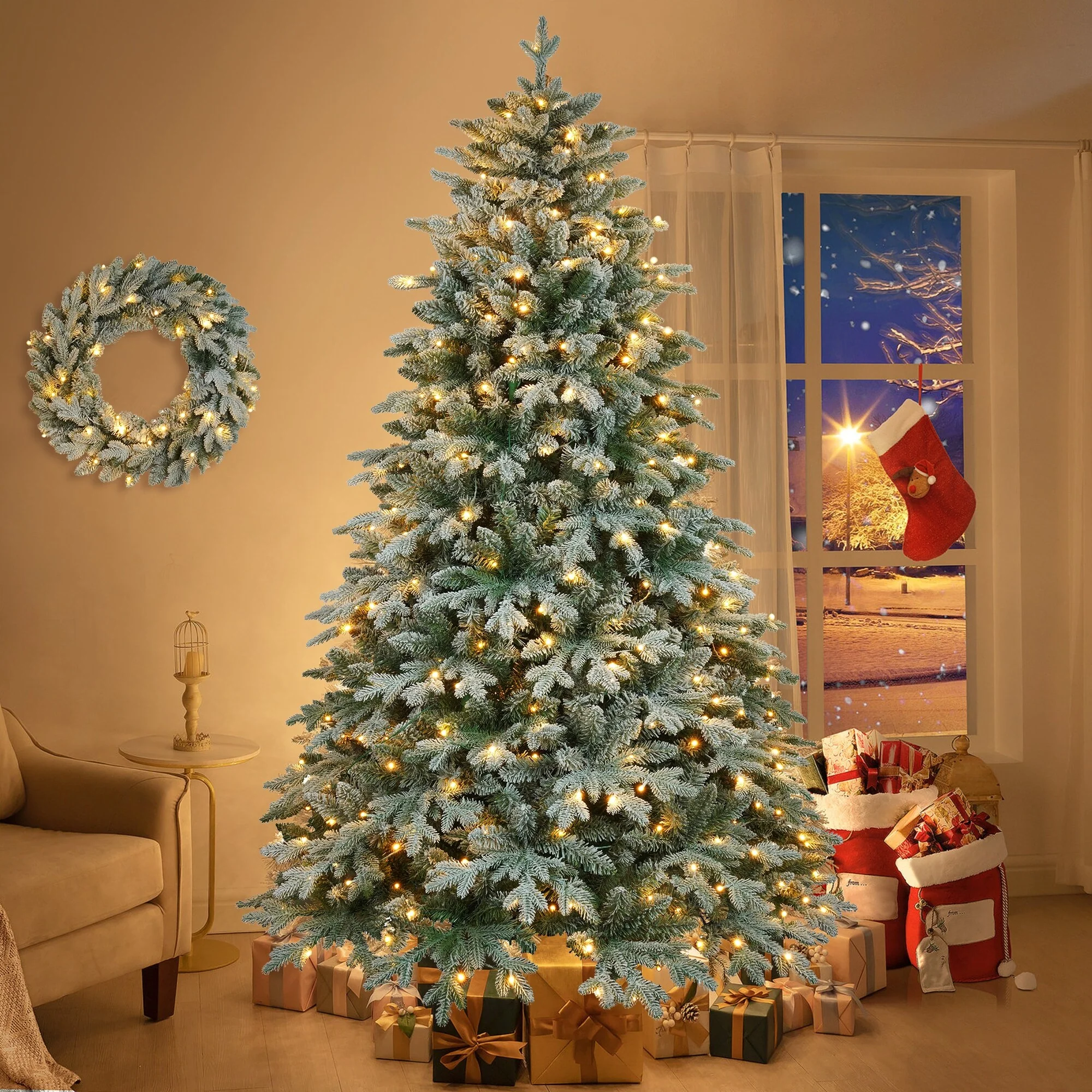 Artificial 7ft Christmas Tree and 23.6in Wreath Set with 430 LEDs