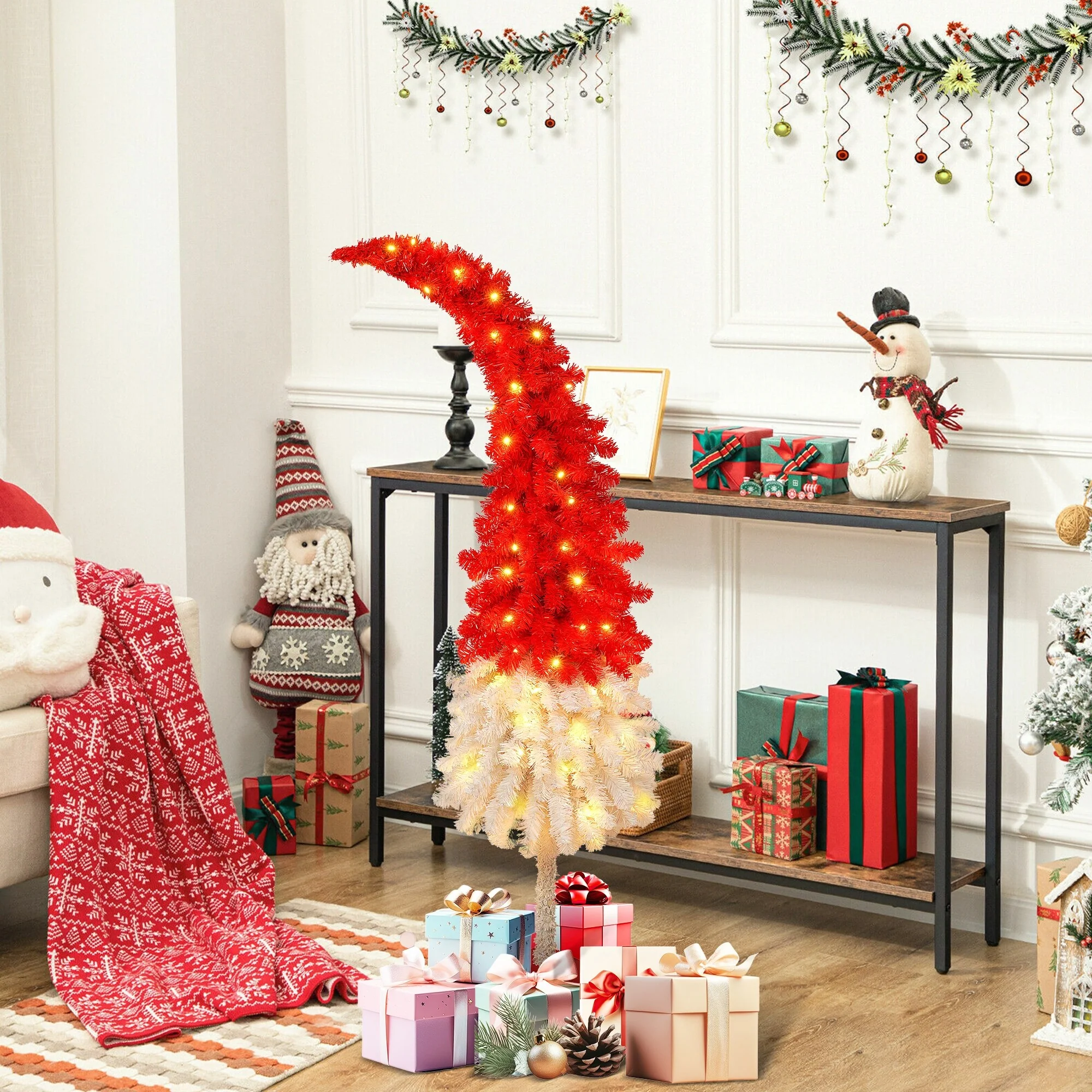 5FT Bent Top Santa Hat Christmas Tree, Artificial Fir with 100 Warm LEDs, Hinged Design for Easy Setup, 400 Branch Tips