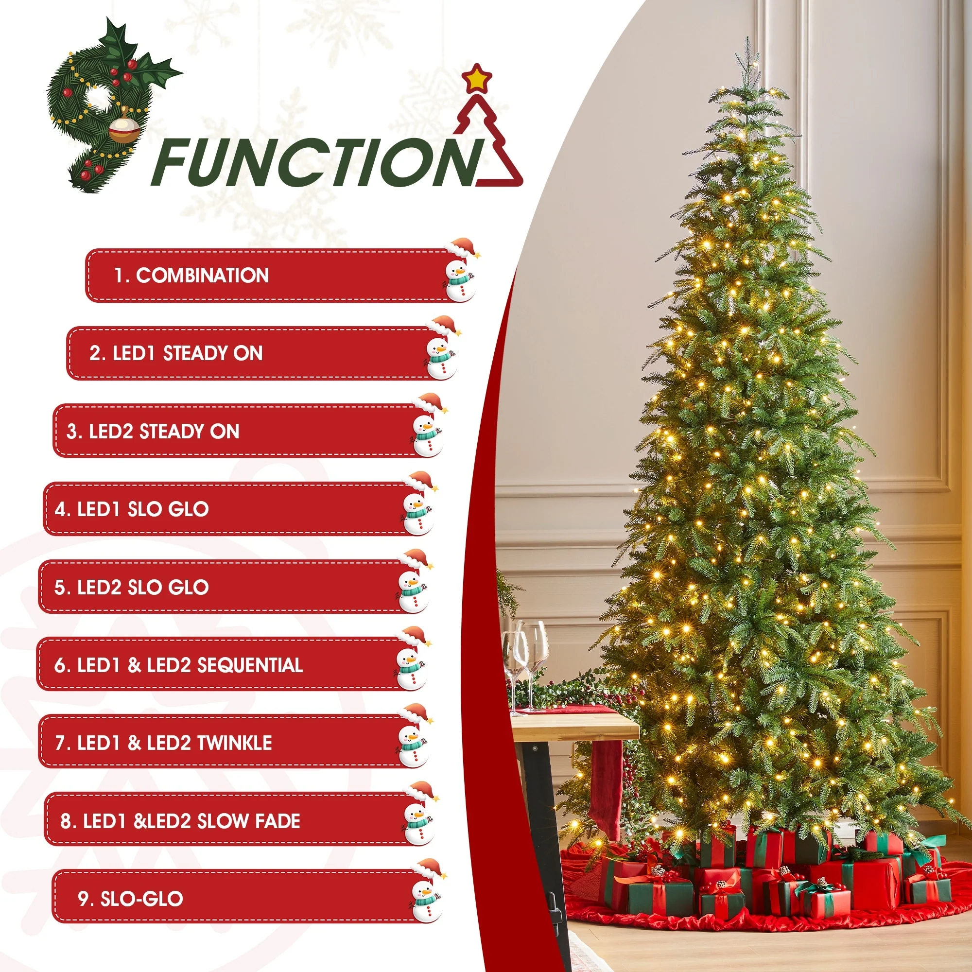 Glitzhome 7.5FT/9FT/11FT/15FT Pre-Lit Green Slim Fir Artificial Christmas Tree with Remote Control