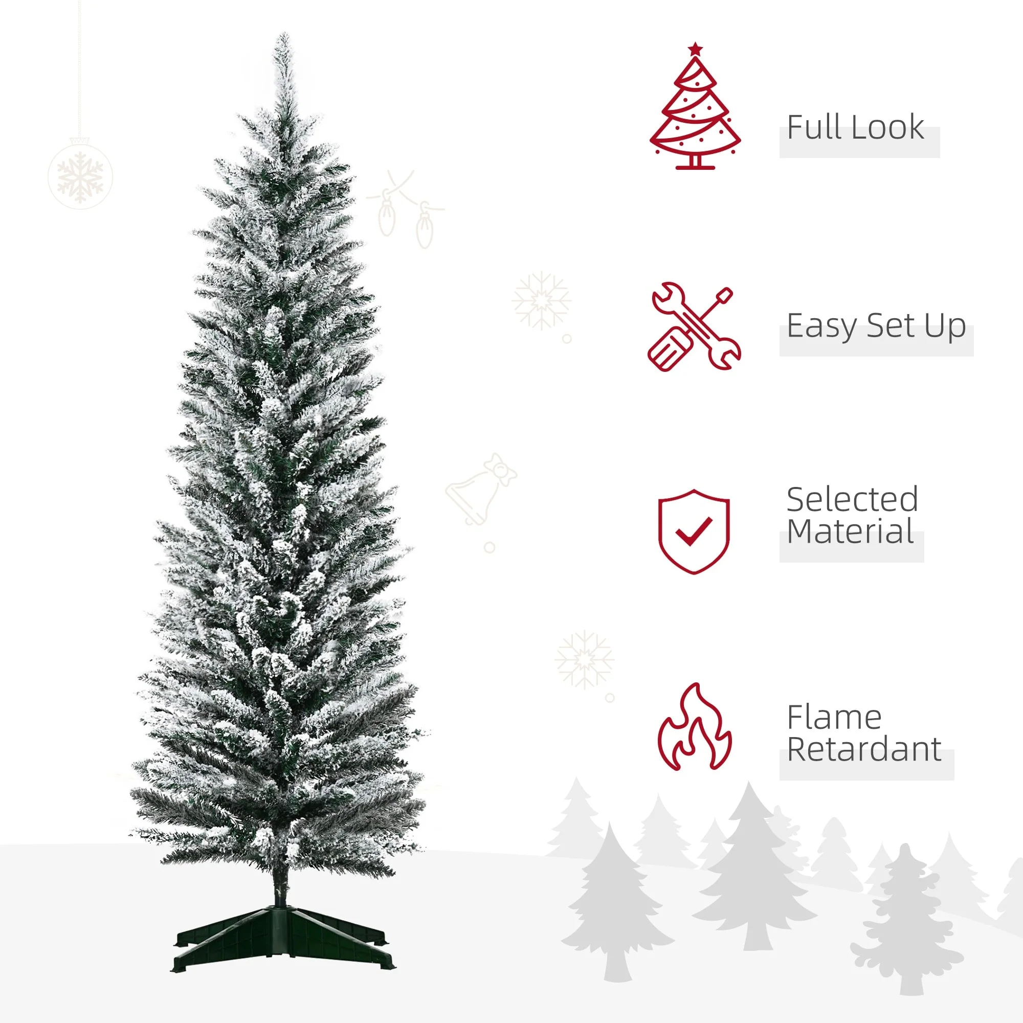 Unlit 5' Snow Flocked Pencil Christmas Tree, Space-Saving Slim Design with Plastic Base Stand