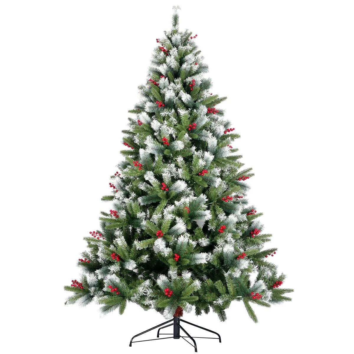 7.5FT Realistic Flocked Pine Artificial Christmas Tree with 1145 Tips, Pine Cones, Red Berries, and Foldable Metal Stand