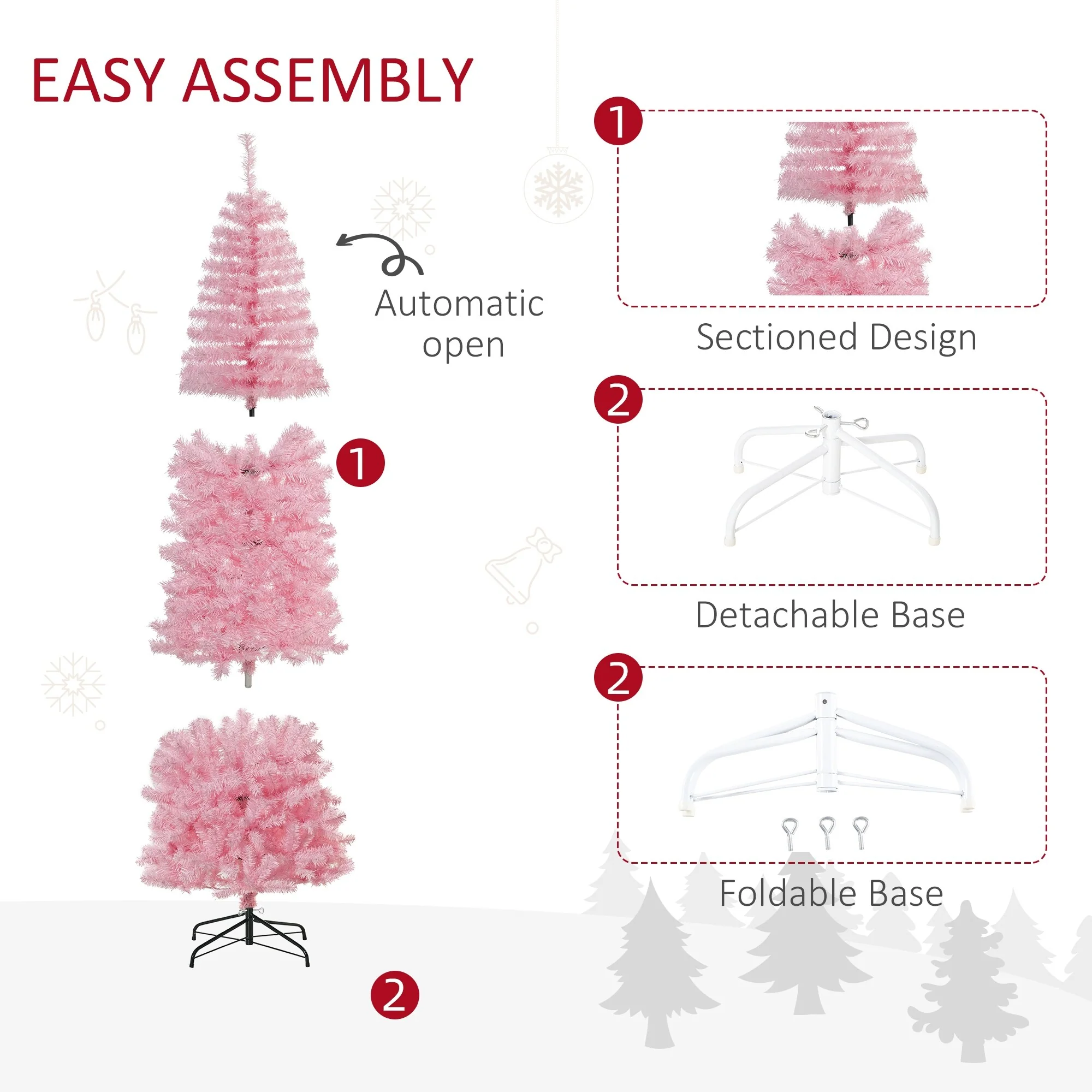 Compact 7' Pink Pencil Christmas Tree, Unlit Douglas Fir with 818 Full Branch Tips and Easy Assembly