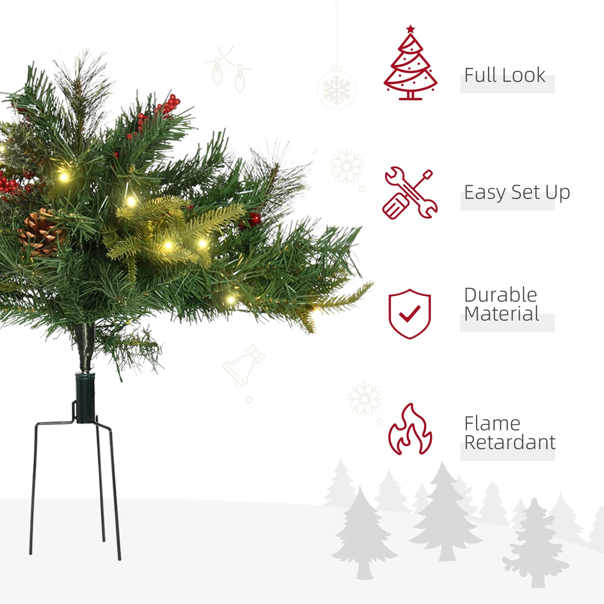 22-inch Prelit Artificial Christmas Trees with LED Lights, Red Berries & Pine Cones for Outdoor Use