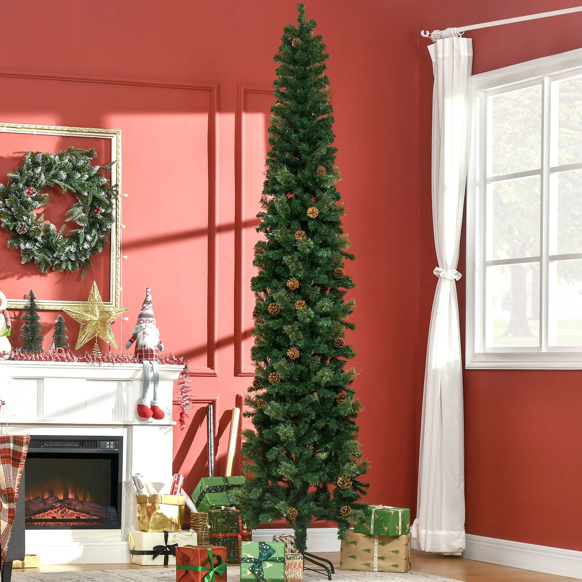 9.5ft Unlit Slim Christmas Tree with Realistic Pine Branches, Metal Base, and Pine Cones for Festive Ambience Decor