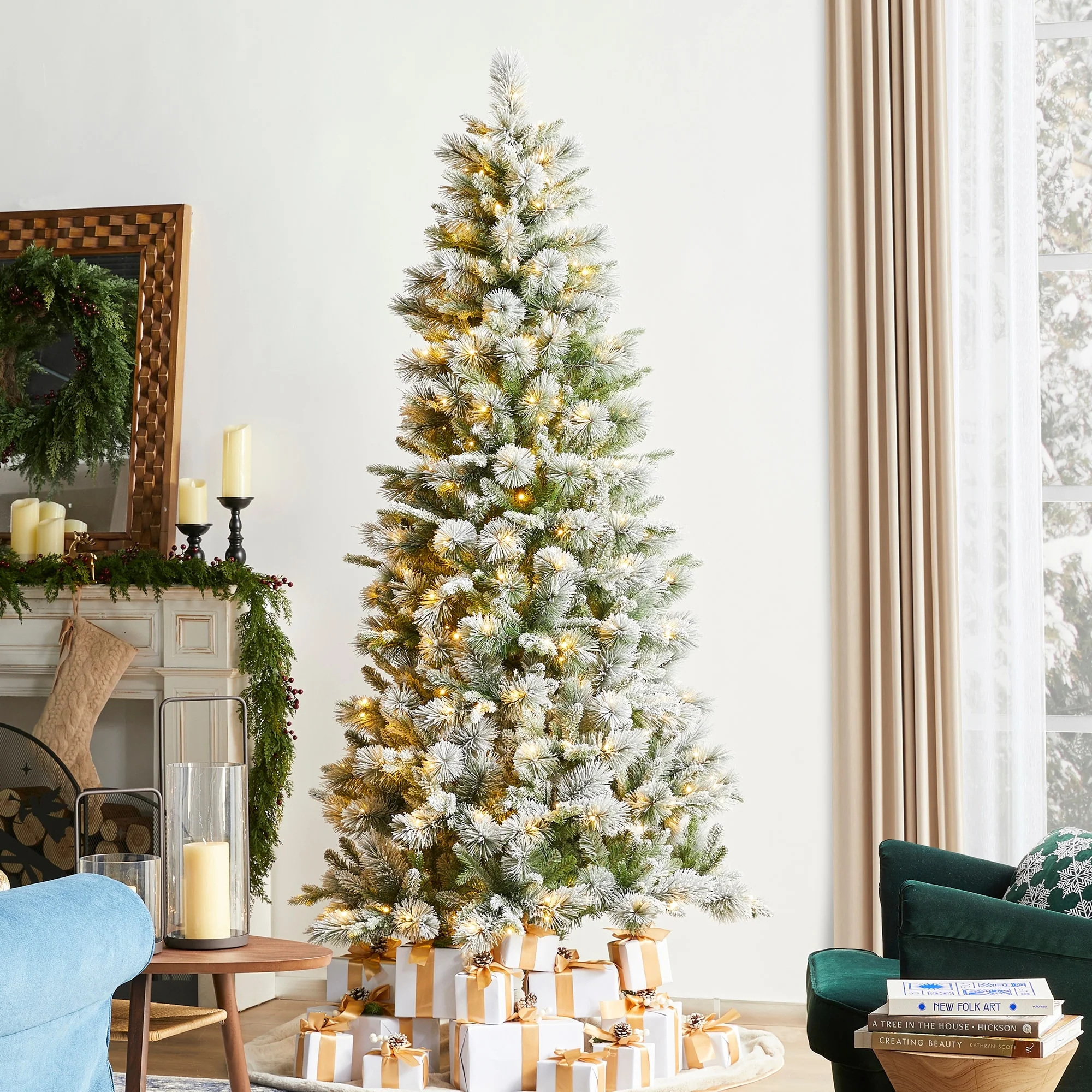 Glitzhome 7.5ft/9ft/11ft Pre-Lit Flocked Slim Pine Artificial Christmas Tree w/ Foot Pedal & Remote Control