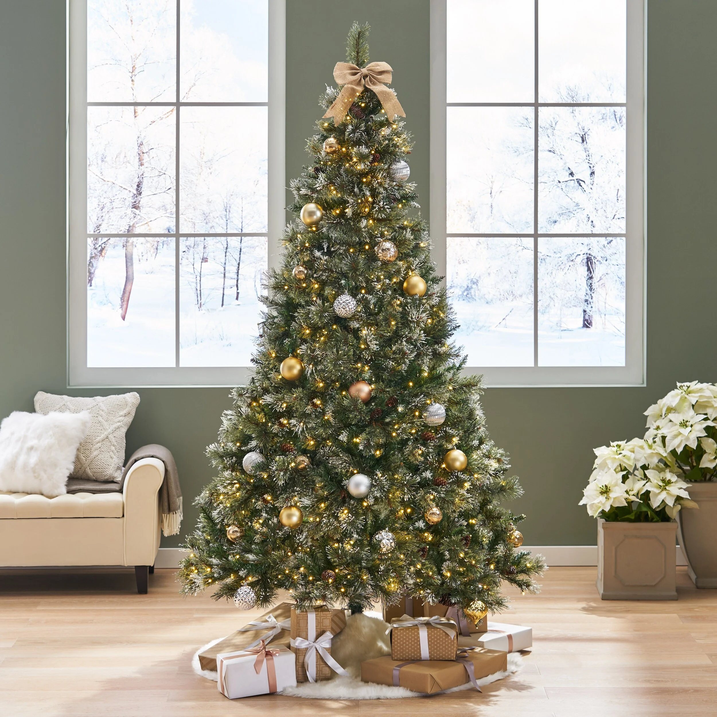 7.5' Bristle Mixed Hinged Christmas Tree with Snow, Pine Cones, and 750 LED Lights