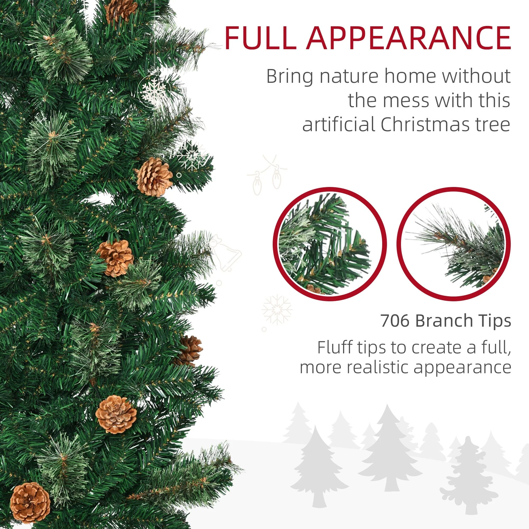 Slim 7.5' Unlit Pencil Christmas Tree with Realistic Pine Branches and Pine Cones, Easy Assembly for Small Spaces