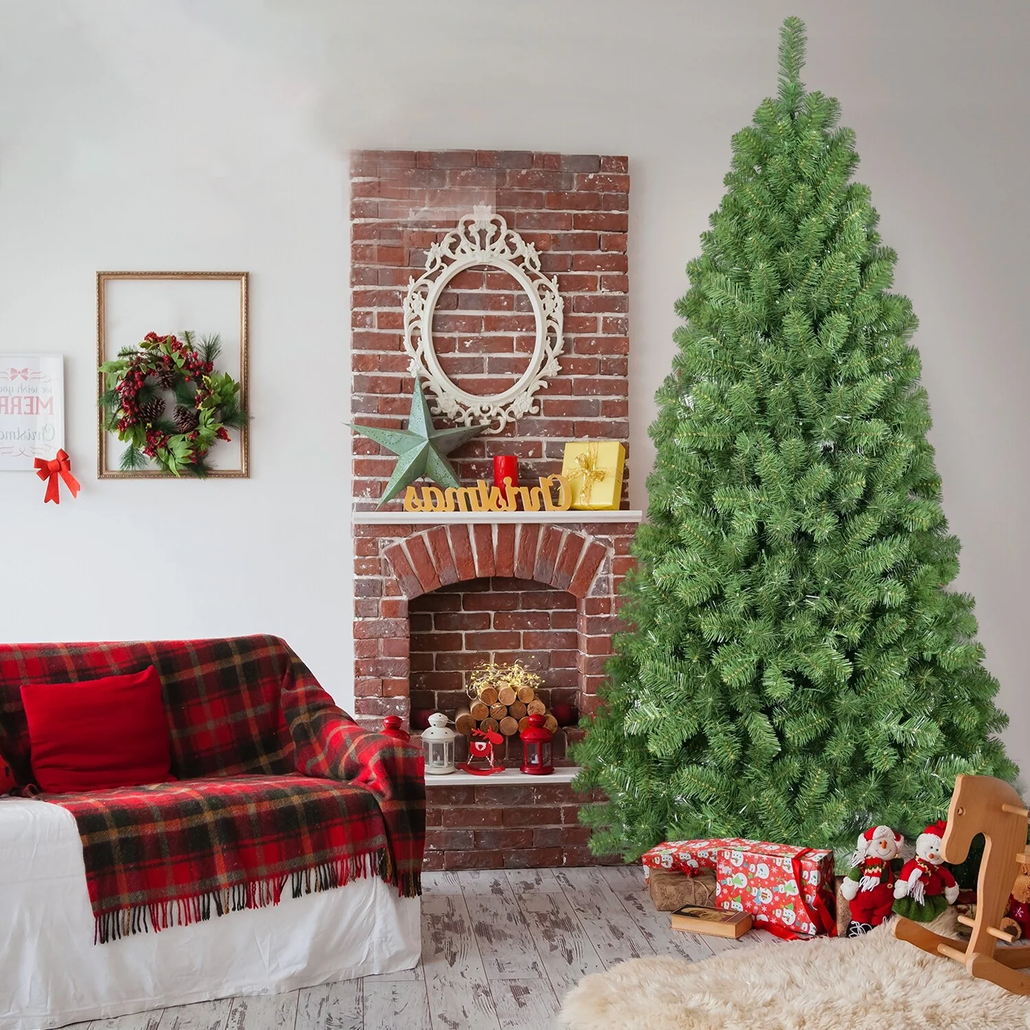 Green PVC Christmas Tree with Automatic Fluffing Memory Wire Tips, Easy Hinged Design, and Sturdy Metal Stand