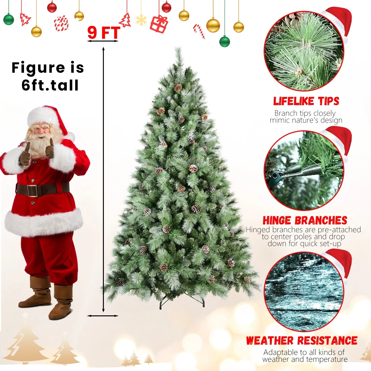 Premium 7.5FT Pre-Decorated Scotch Pine Christmas Tree with Frosted Branches and Natural Pine Cones, 450 LED Lights