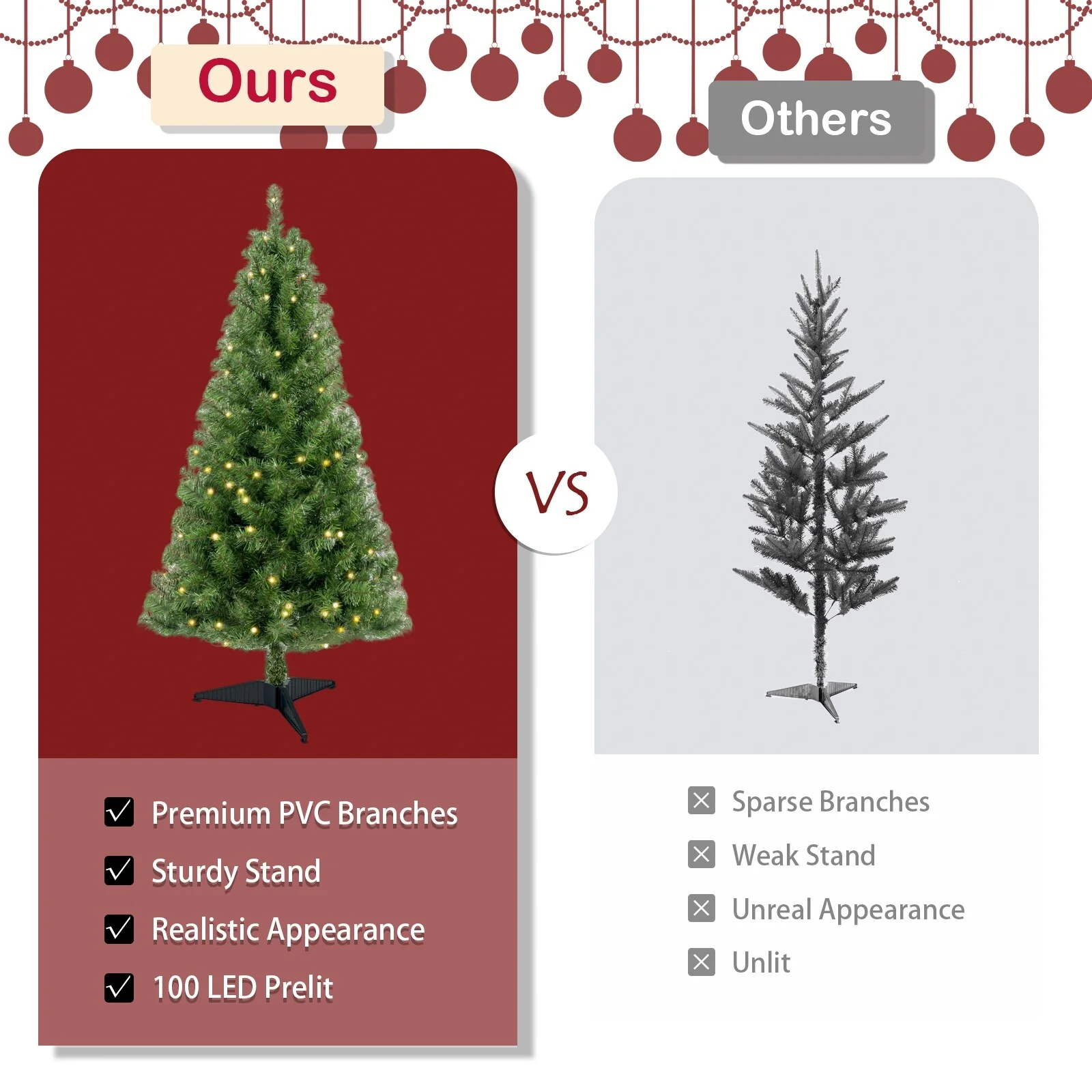 4ft Artificial Christmas Tree with Stand, Pre-Lit with 100 LED Lights, 241 Branch Tips, Durable PVC, Indoor Use