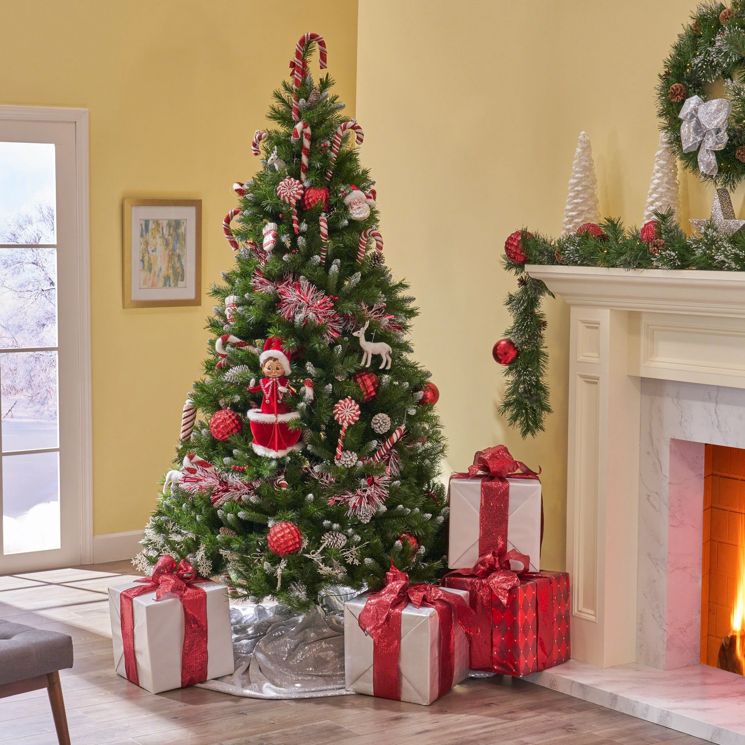 7' Pre-Lit Frosted Christmas Tree with Pine Cones, Red Berries, and 450 Lights