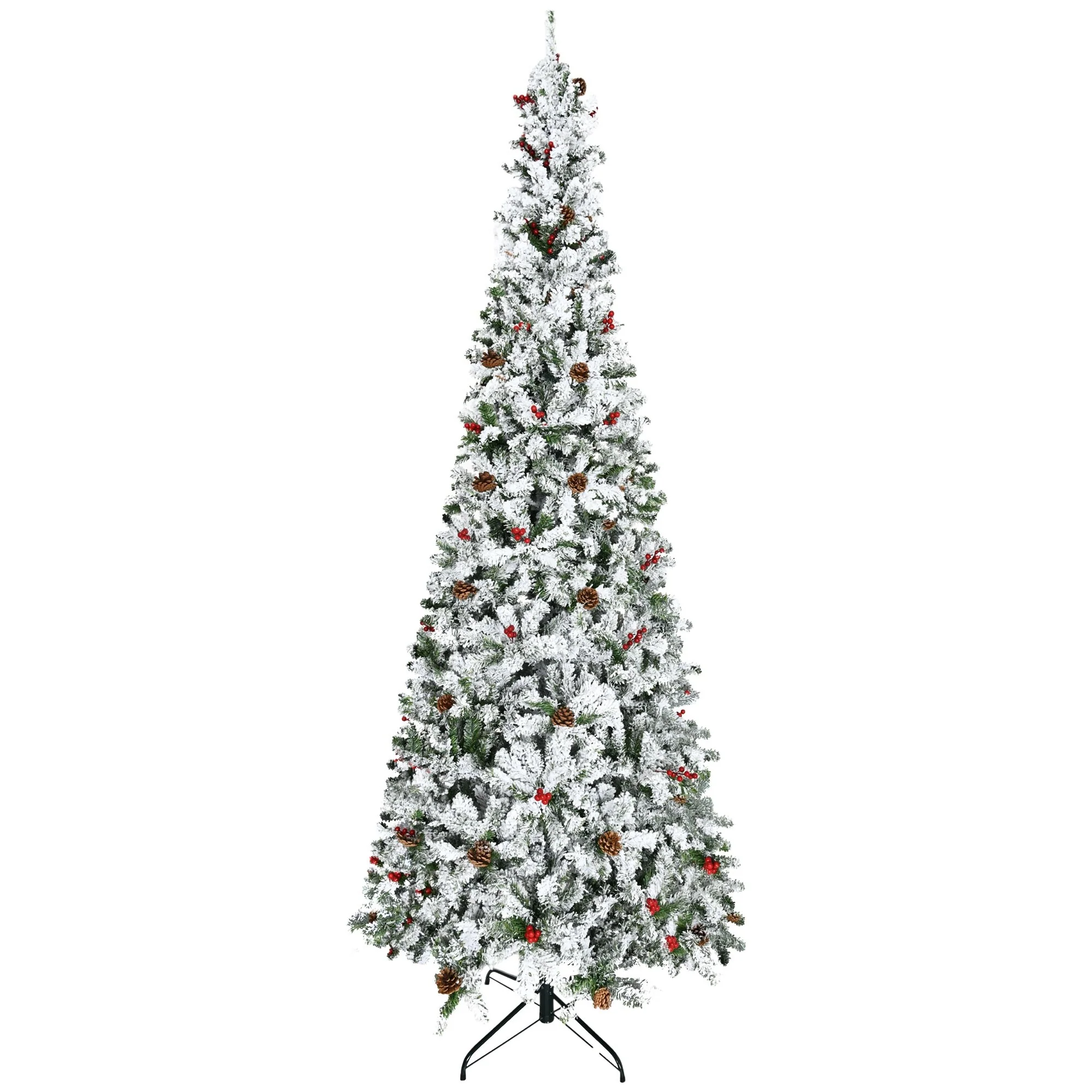 9' Tall Snow Flocked Artificial Pencil Christmas Tree with Pine Cones, Red Berries, and Auto-Open Branches