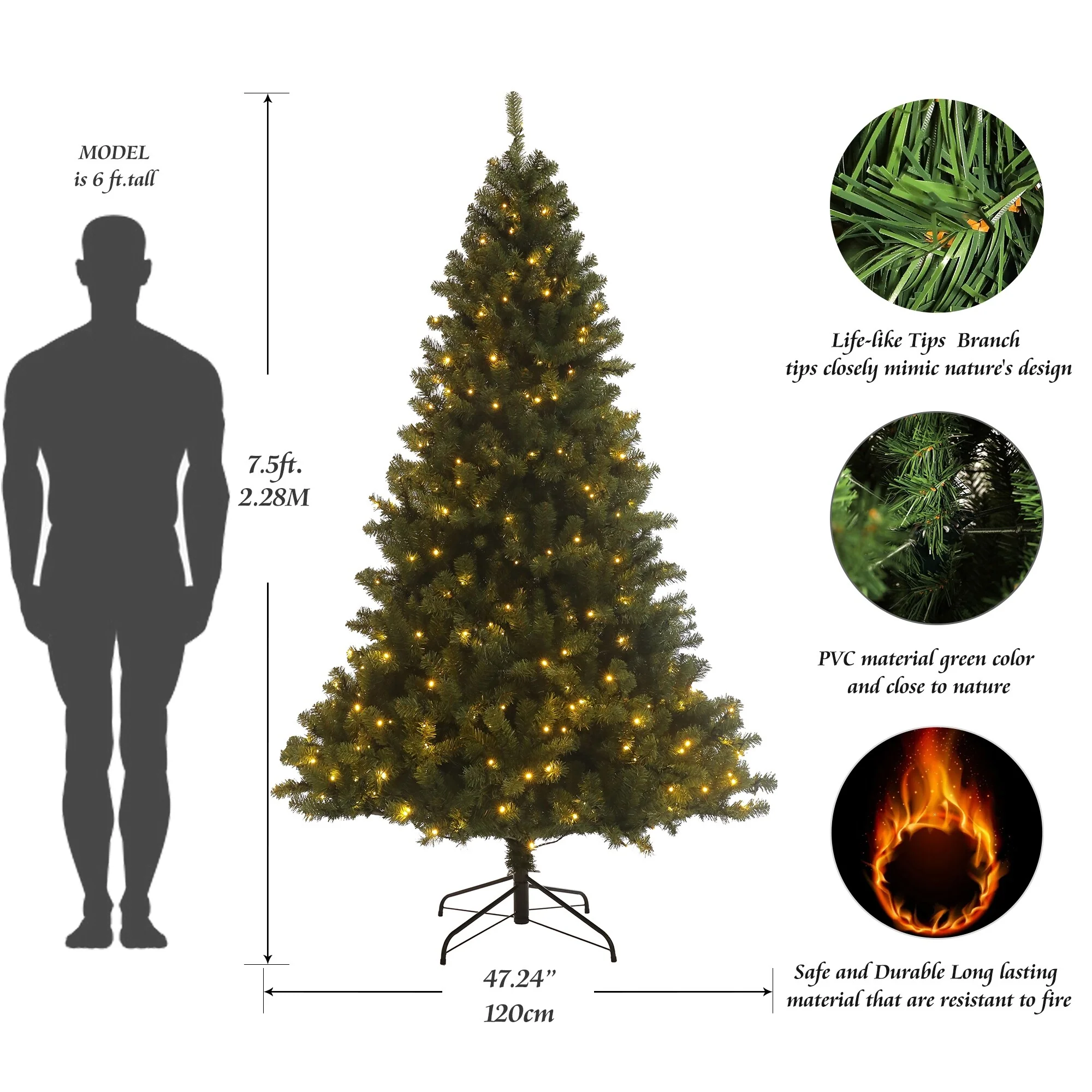 6ft/7.5ft Pre-Lit Hinged Christmas Tree, Full-Bodied with 1000/1420 Tips, PVC Fir and Foldable Metal Stand