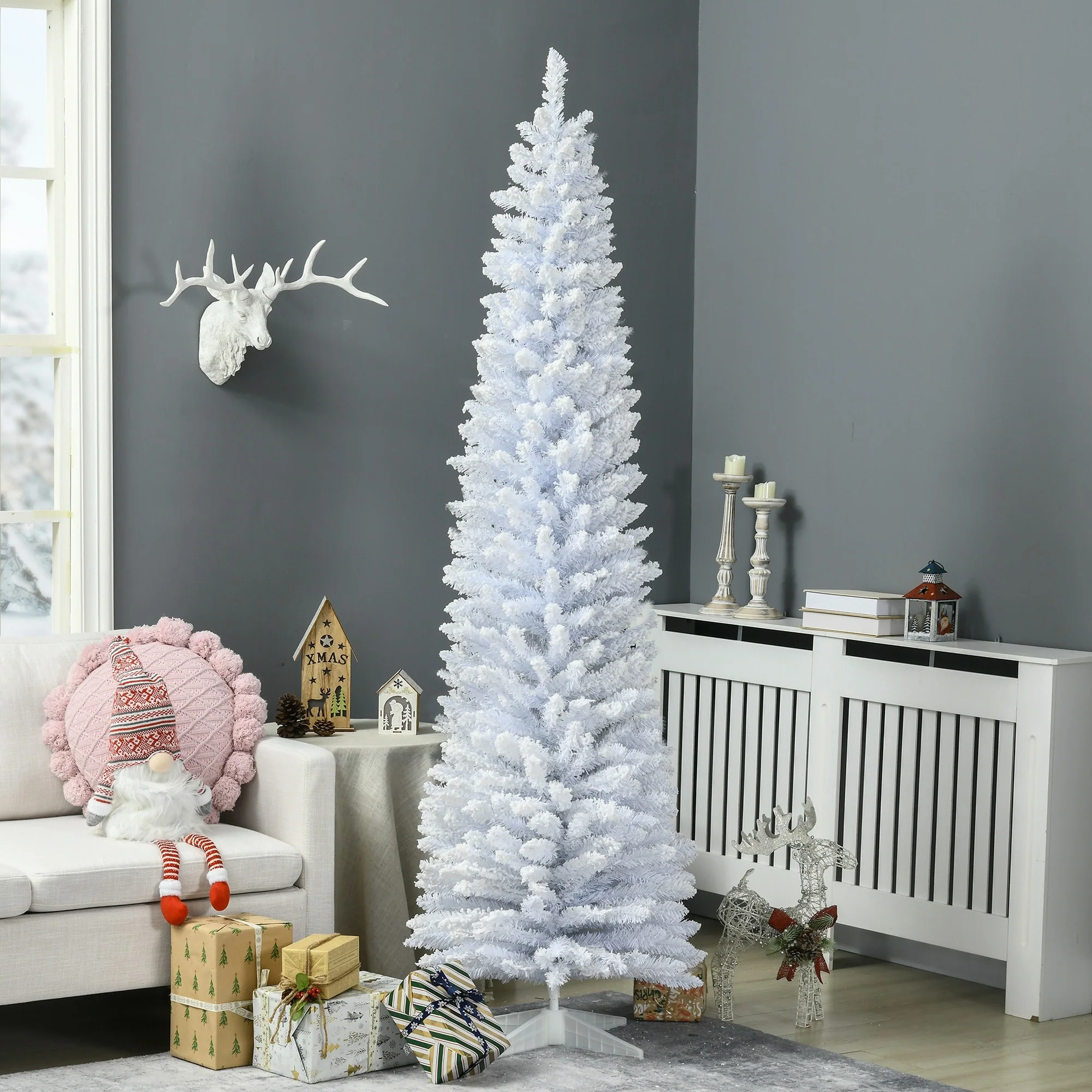 7FT Slim Snow Flocked Pencil Christmas Tree, Unlit Artificial Holiday Tree with Dense, Realistic Branch Tips