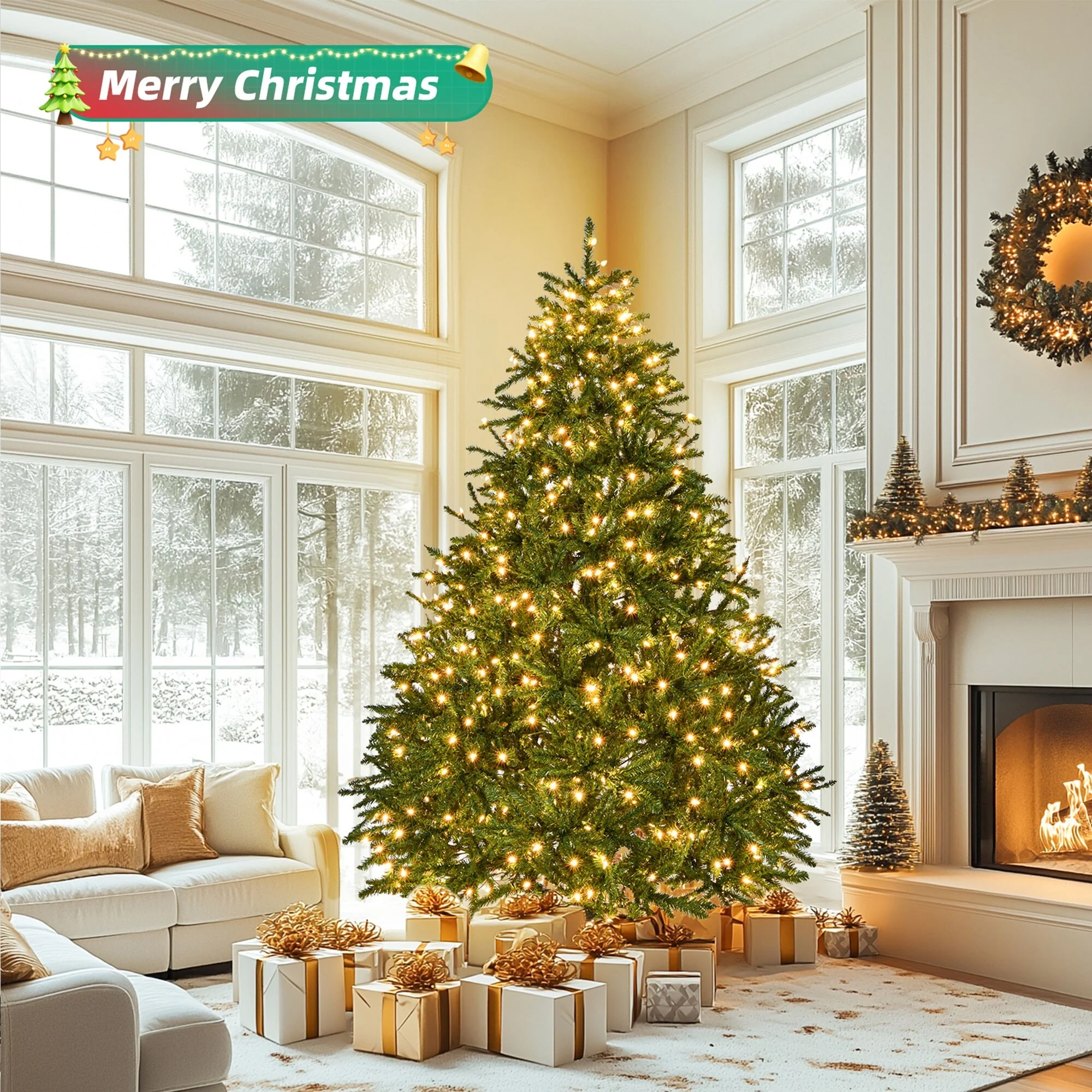 Full and Realistic 7ft Christmas Tree with 700 Warm White LEDs and 2231 Tips Easy Setup with Hinged Branches