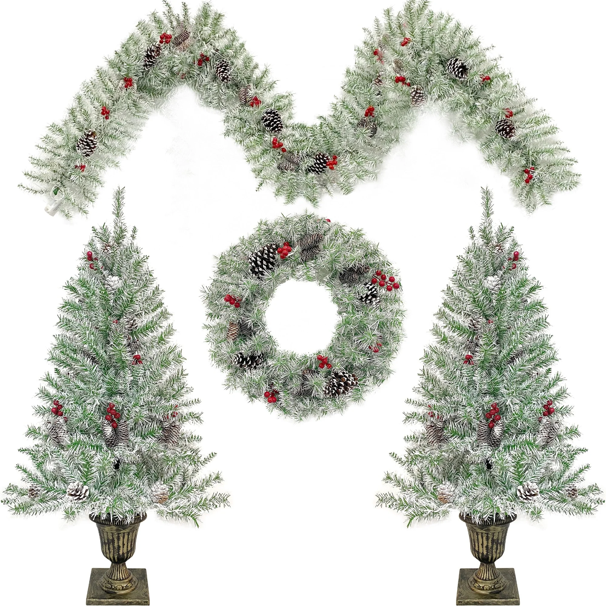 Pre-Lit 4-Piece Holiday Christmas Set - Entrance Trees, Garland, and Wreath with 340 Warm LEDs