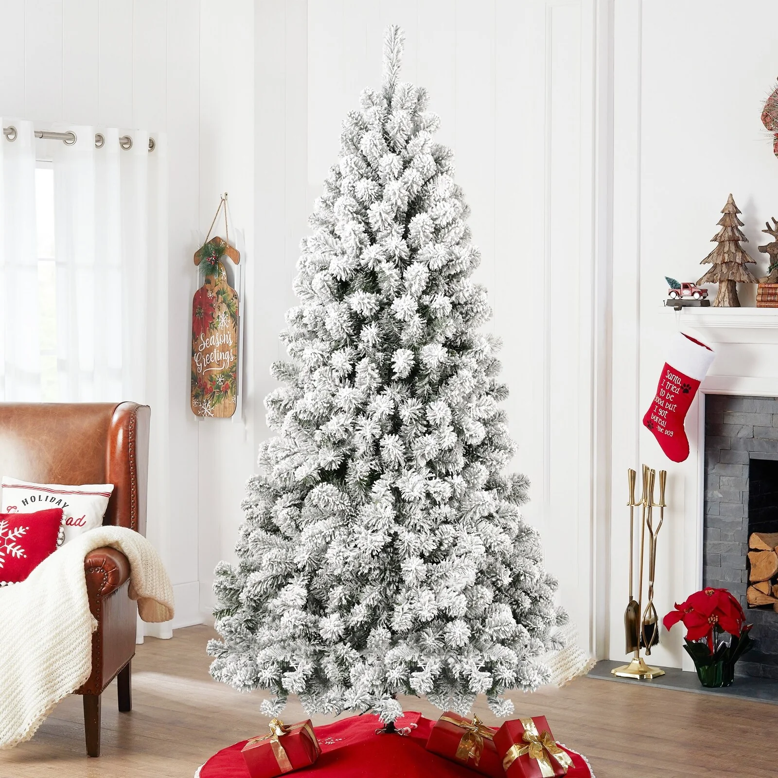 Snow-Flocked Pre-Lit Christmas Tree with Memory Wire Tips and 300-400 Warm Lights, Easy Setup for Indoor Holiday Display