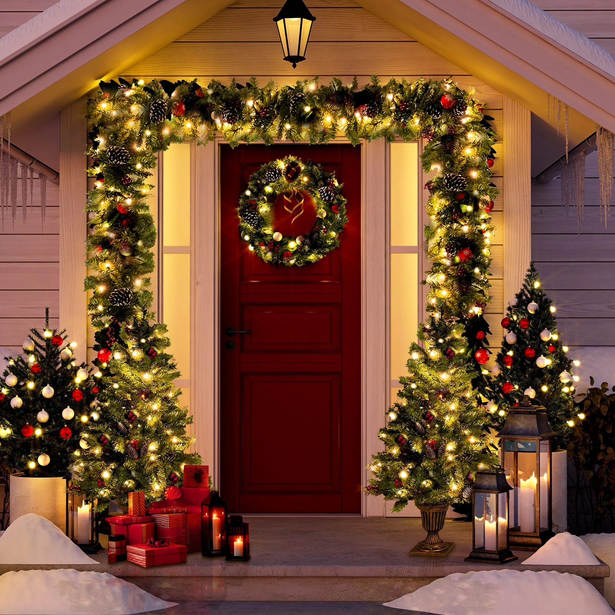 Pre-Lit 4-Piece Holiday Christmas Set - Entrance Trees, Garland, and Wreath with 340 Warm LEDs