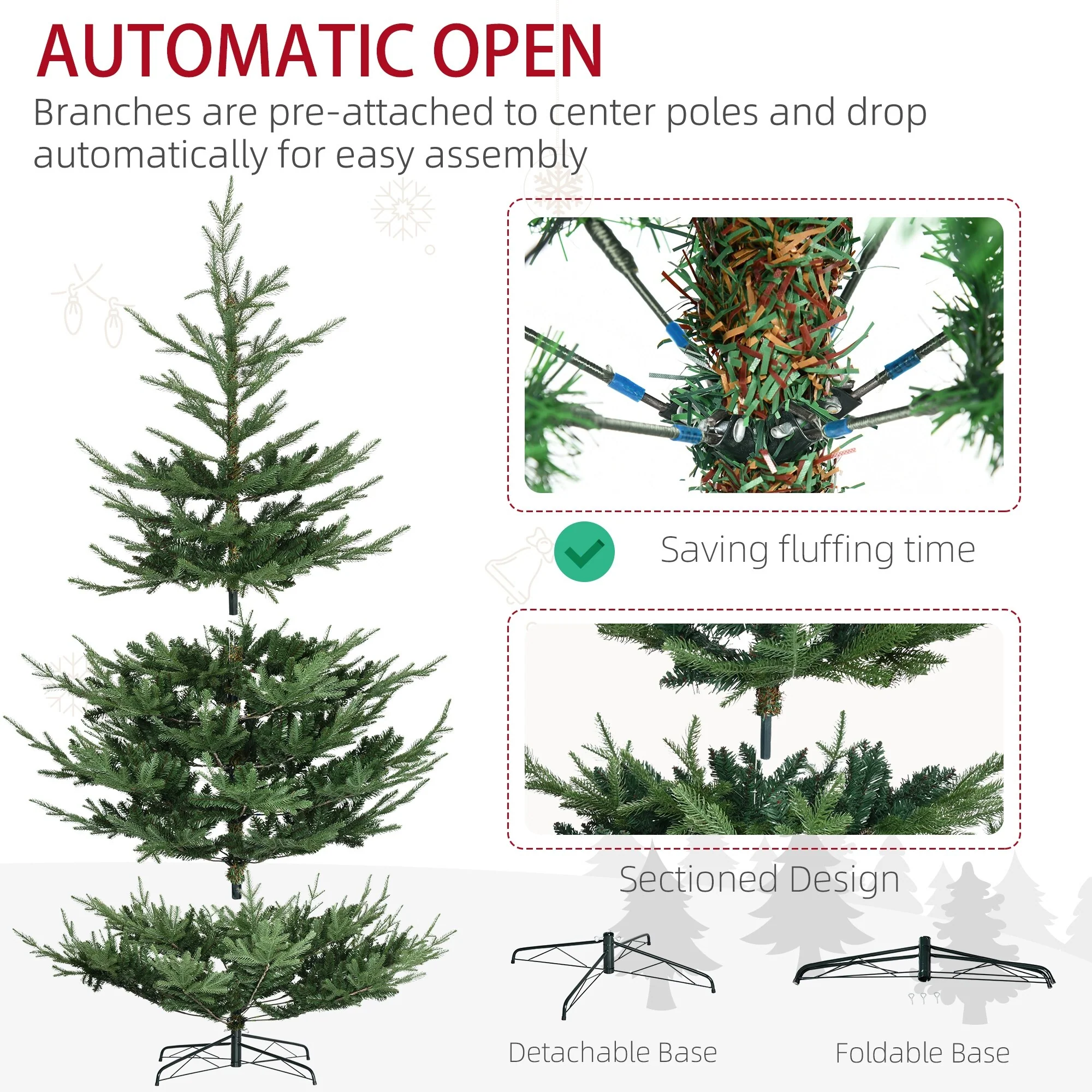 Unlit 6/7.5/9 Ft Pine Artificial Christmas Tree, Hinged Branches, Realistic Look with Steel Base, Auto Open Setup