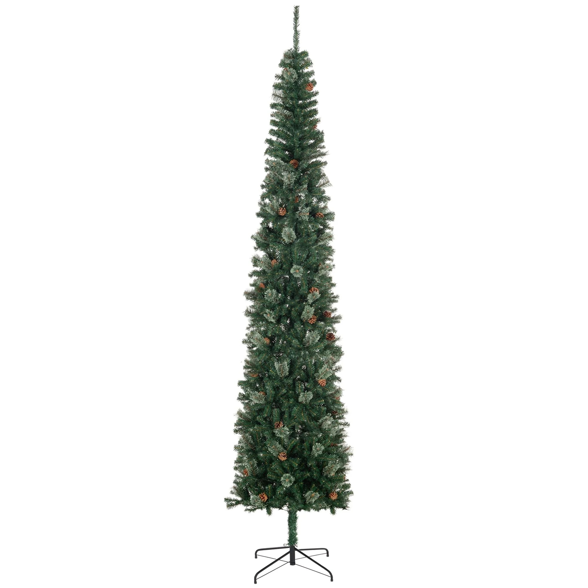Lifelike 9.5ft Pencil Christmas Tree with Pine Cones and Metal Base