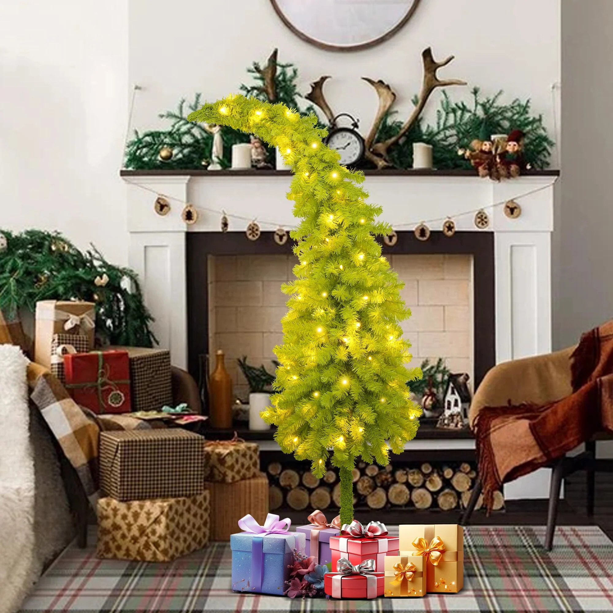 5FT Bent Top Santa Hat Christmas Tree, Artificial Fir with 100 Warm LEDs, Hinged Design for Easy Setup, 400 Branch Tips