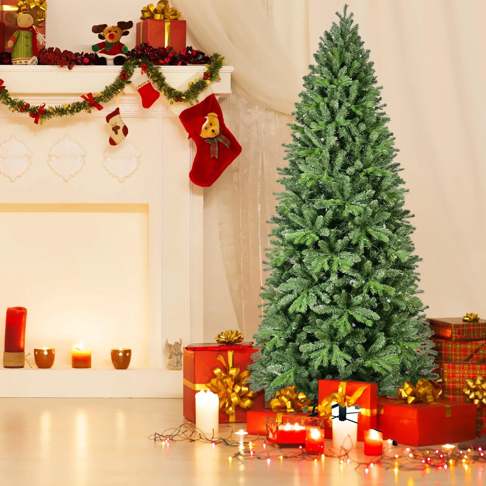 8FT/9FT Slim Pre-Lit Fir Artificial Christmas Tree, 'Feel Real' Needles, White Lights, Metal Hinged Branches & Base