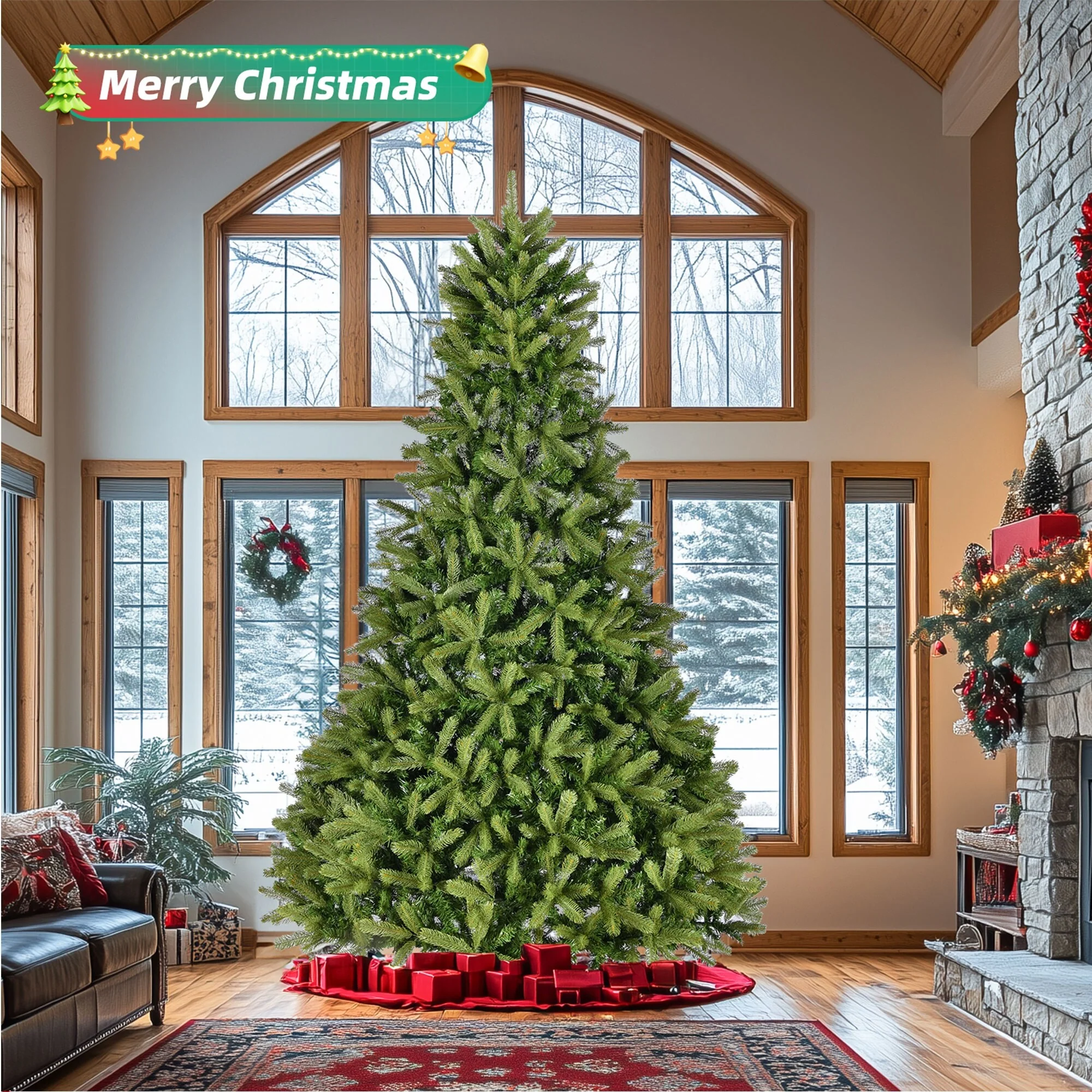 9FT Artificial Christmas Tree, 2576 Mixed PE & PVC Branch Tips, Unlit, Hinged Full-Bodied Spruce, Easy Assembly & Metal Stand