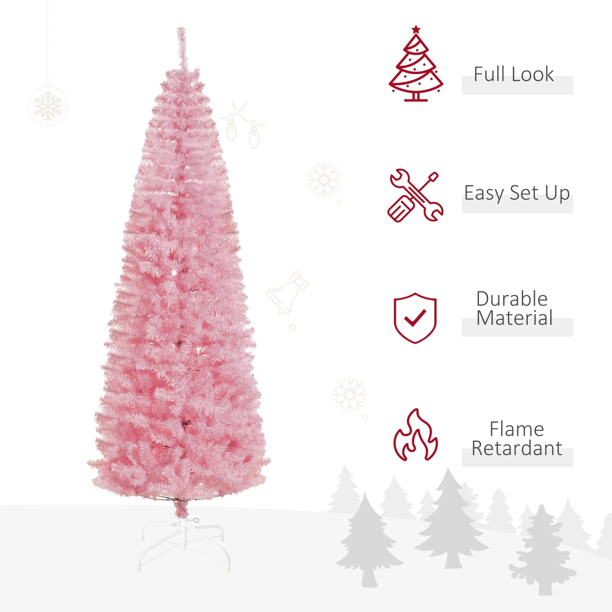 Compact 7' Pink Pencil Christmas Tree, Unlit Douglas Fir with 818 Full Branch Tips and Easy Assembly