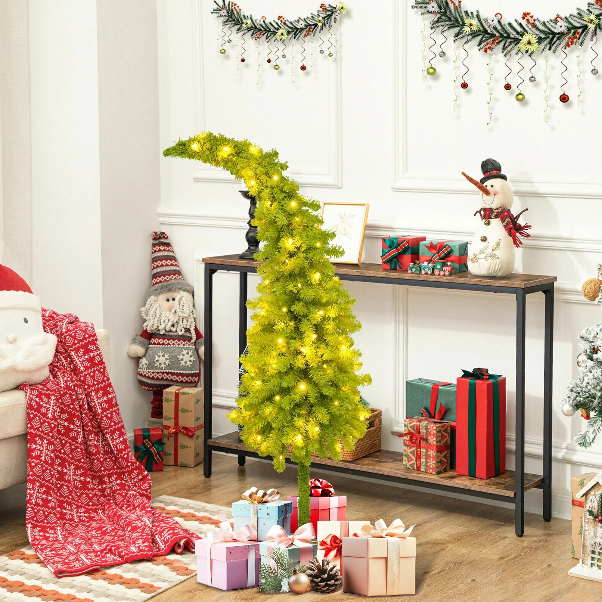 5FT Bent Top Santa Hat Christmas Tree, Artificial Fir with 100 Warm LEDs, Hinged Design for Easy Setup, 400 Branch Tips