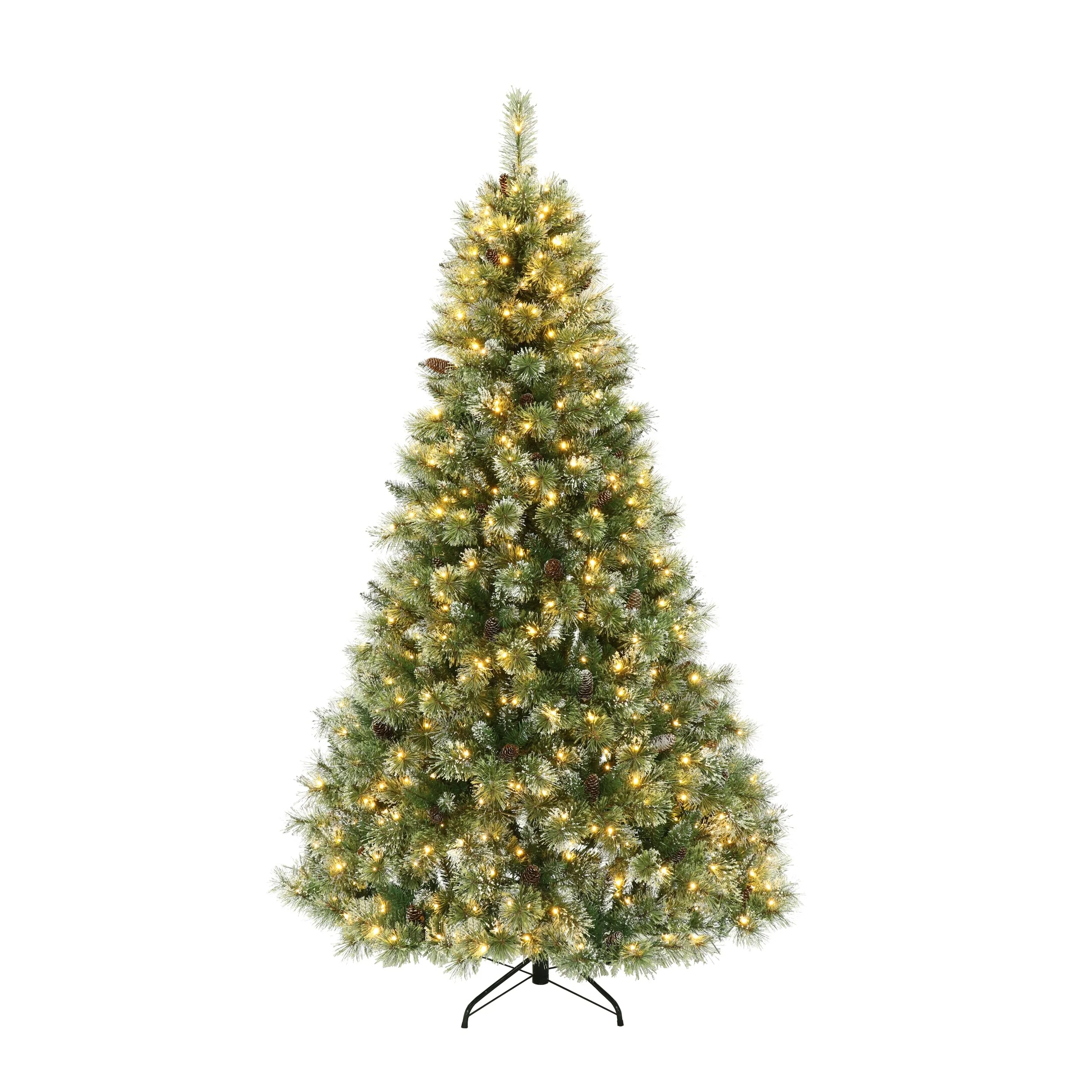 7.5' Bristle Mixed Hinged Christmas Tree with Snow, Pine Cones, and 750 LED Lights