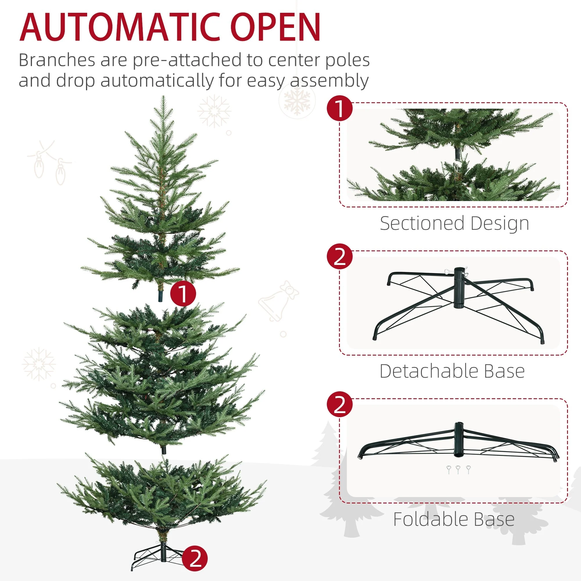 Unlit 6/7.5/9 Ft Pine Artificial Christmas Tree, Hinged Branches, Realistic Look with Steel Base, Auto Open Setup