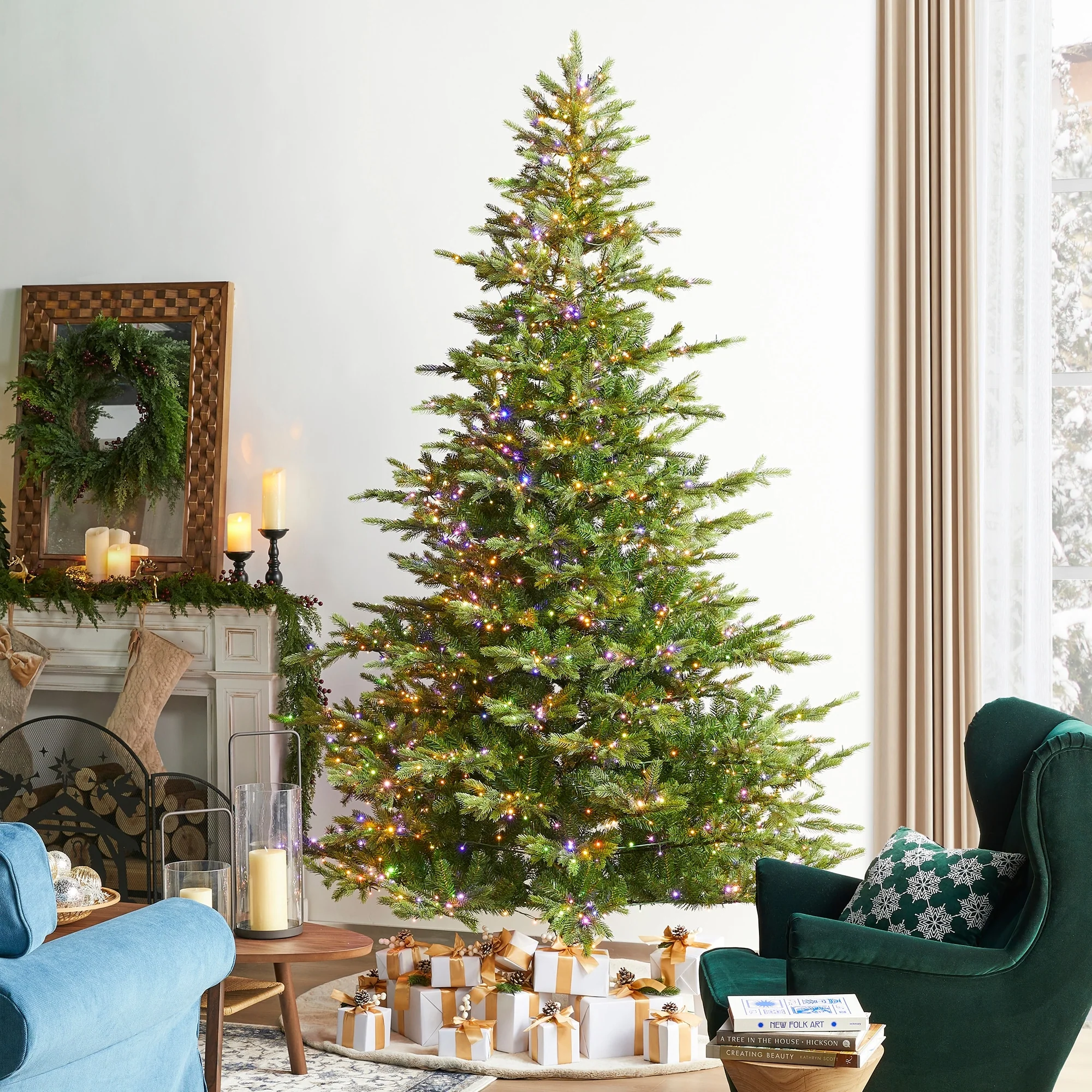 Glitzhome 7.5ft/9ft Pre-Lit Full Fir Artificial Christmas Tree w/Foot Pedal & Remote Control Simple Setup