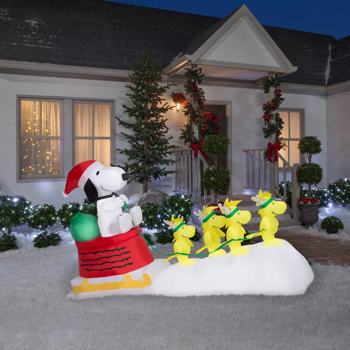 Gemmy Christmas Airblown Inflatable Snoopy in Dog Bowl Sleigh w/Woodstocks Scene Peanuts, 5 ft Tall