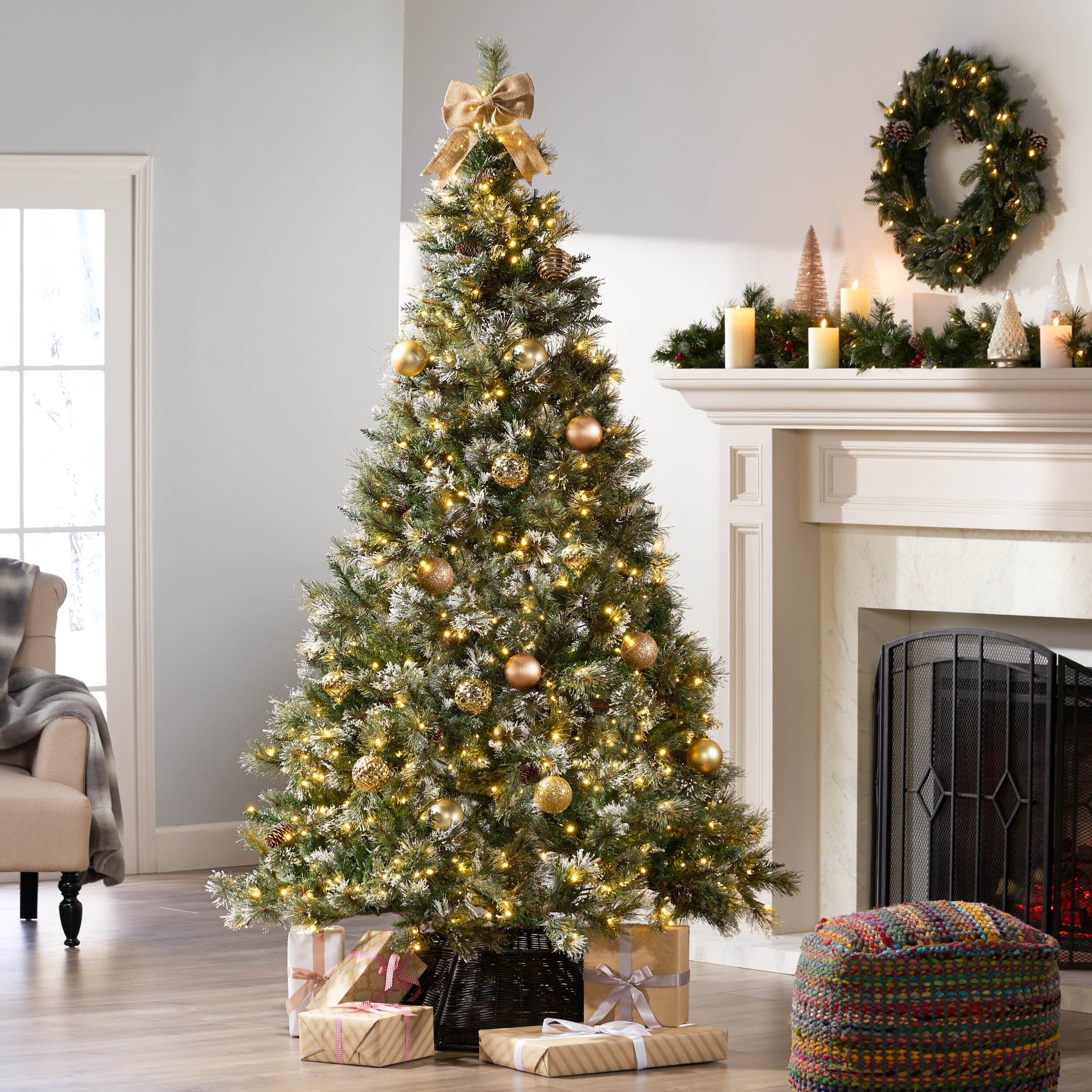 7.5' Bristle Mixed Hinged Christmas Tree with Snow, Pine Cones, and 750 LED Lights