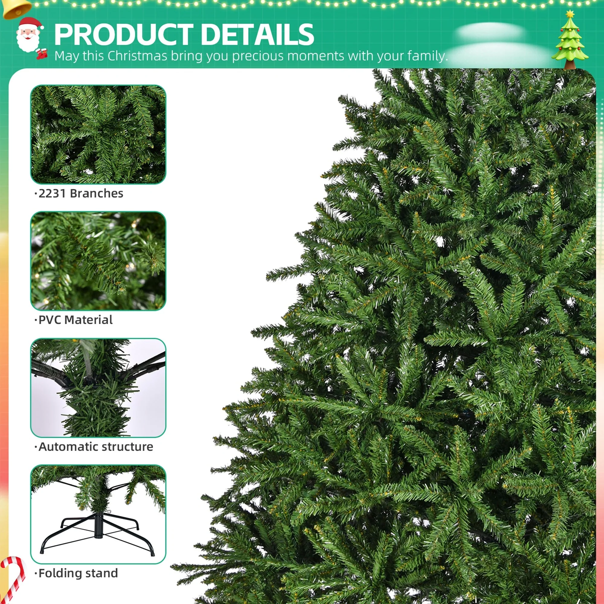7ft Full Christmas Tree with 2231 Branch Tips, Premium PVC, Hinged Design for Easy Assembly, Metal Stand Included