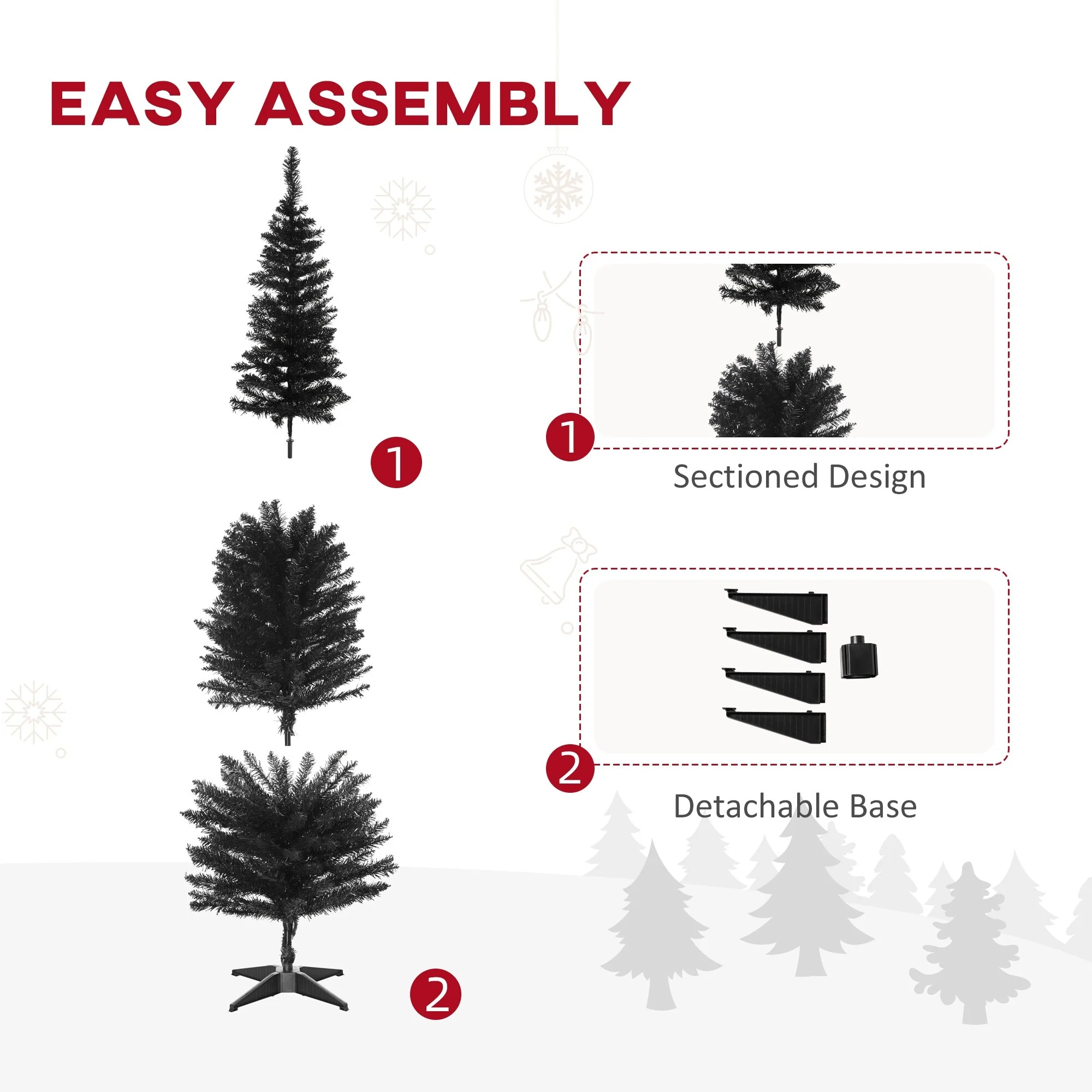 Black Artificial Pencil Christmas Tree, Slim with Realistic Branch Tips, Easy Assembly, 5-7FT