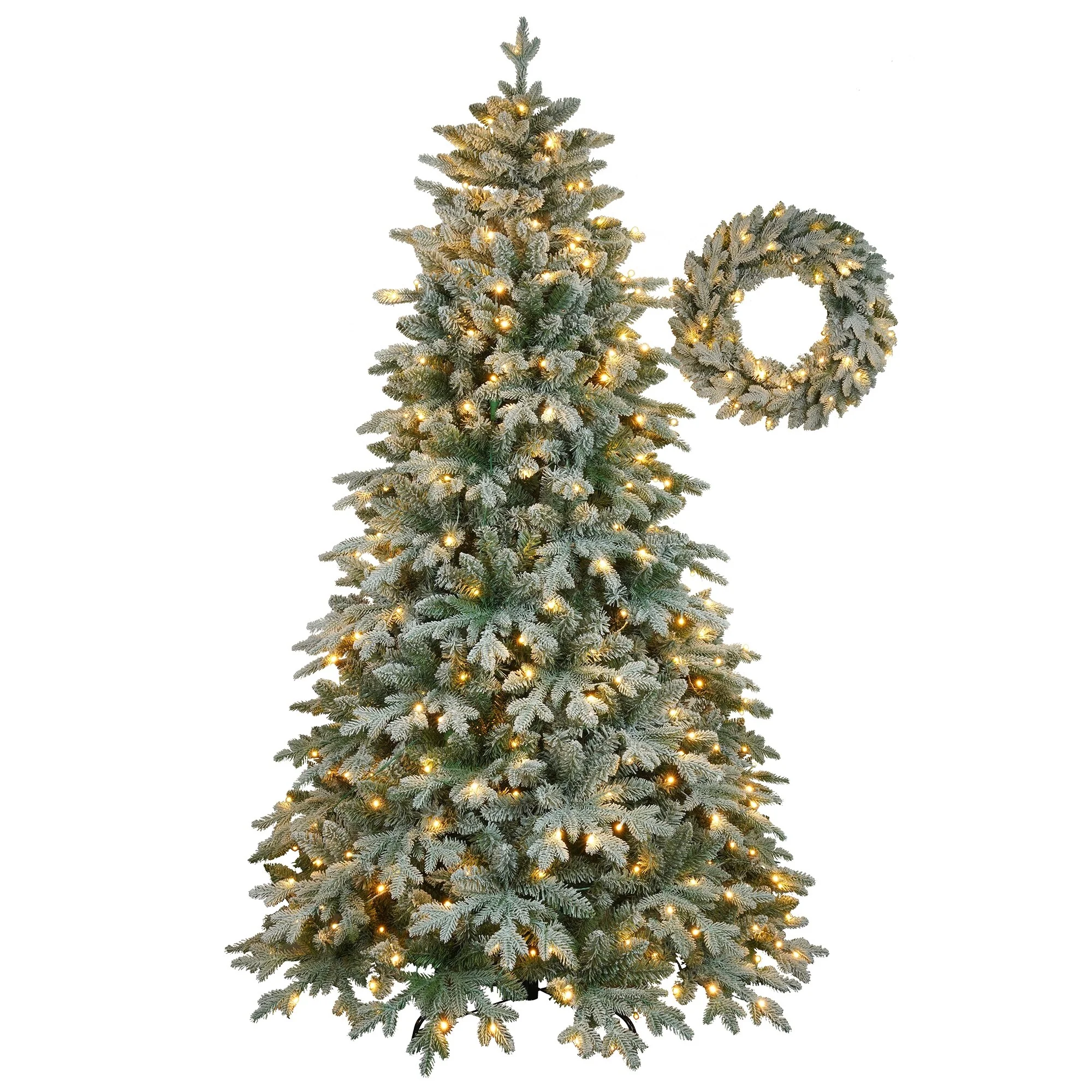 Lighted 7ft Christmas Tree and Wreath Set, Fir Design with 1300 Tips and 430 Total Lights for a Festive Atmosphere