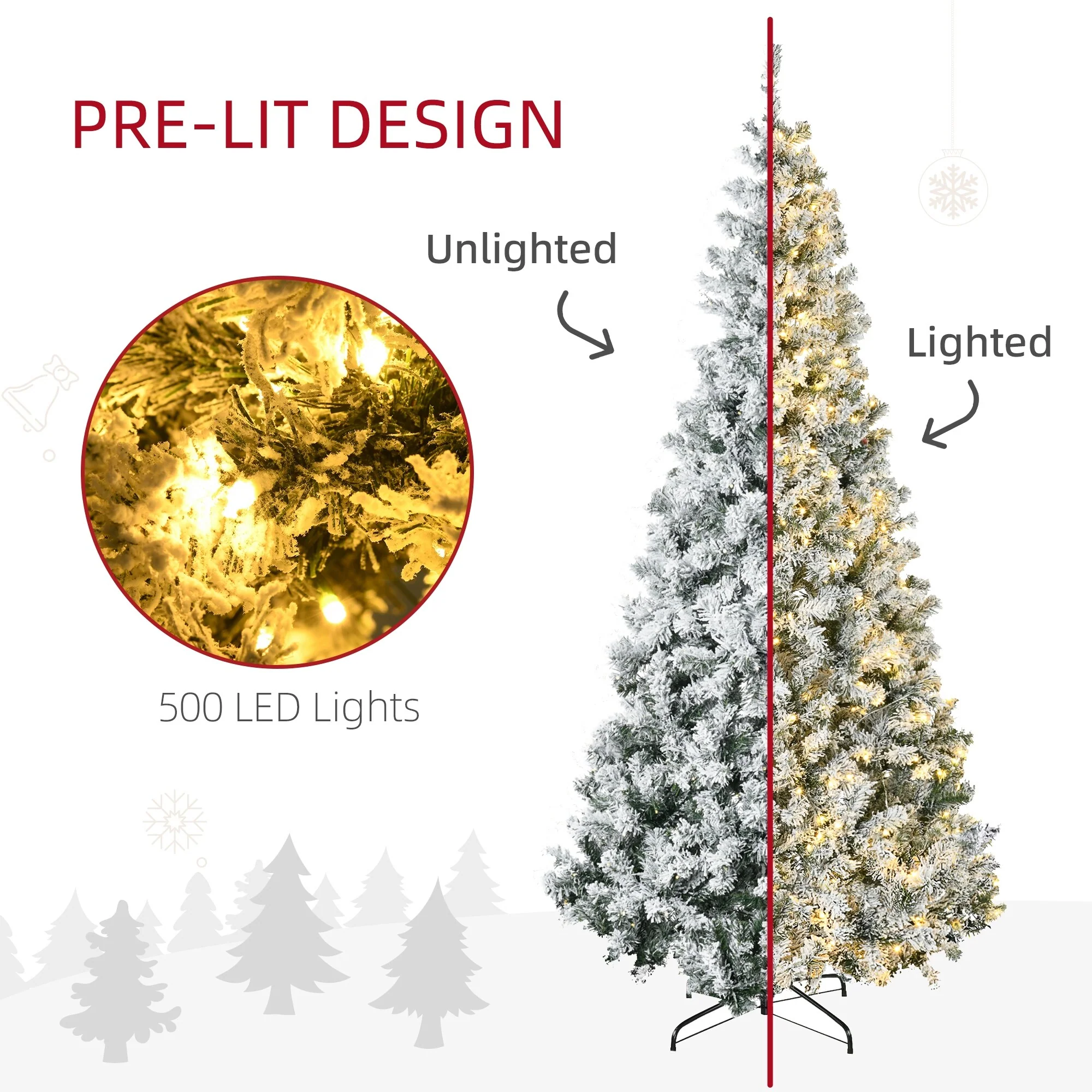 7.5ft Tall Prelit Snow-Flocked Christmas Tree with Auto Open, 500 LED Lights, & Realistic Branches