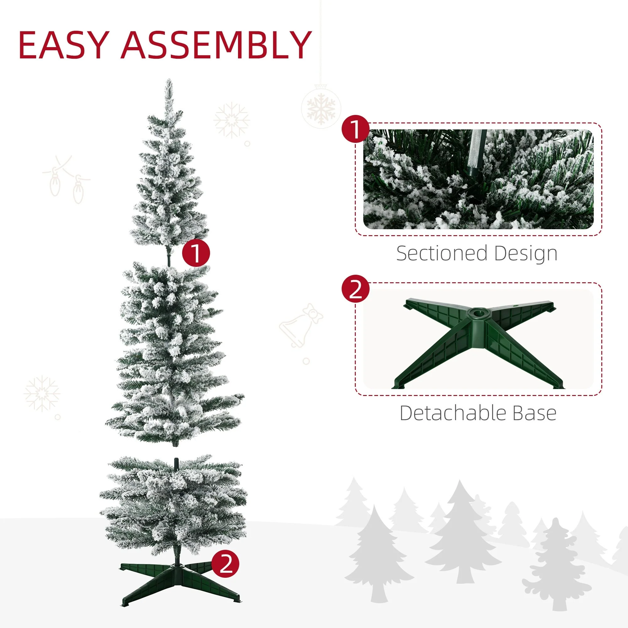 9' Tall Snow Flocked Artificial Pencil Christmas Tree with Pine Cones, Red Berries, and Auto-Open Branches