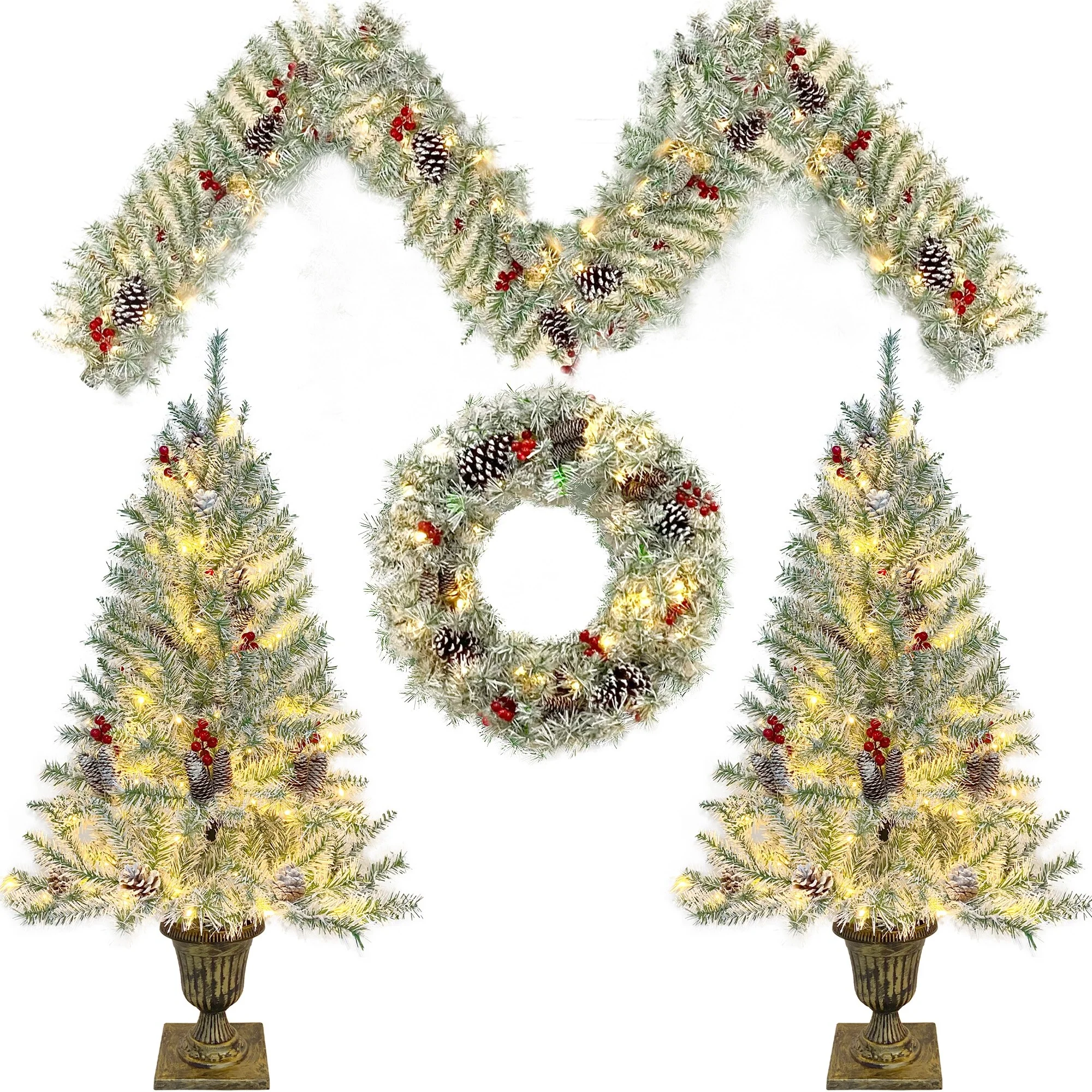 Pre-Lit 4-Piece Holiday Christmas Set - Entrance Trees, Garland, and Wreath with 340 Warm LEDs