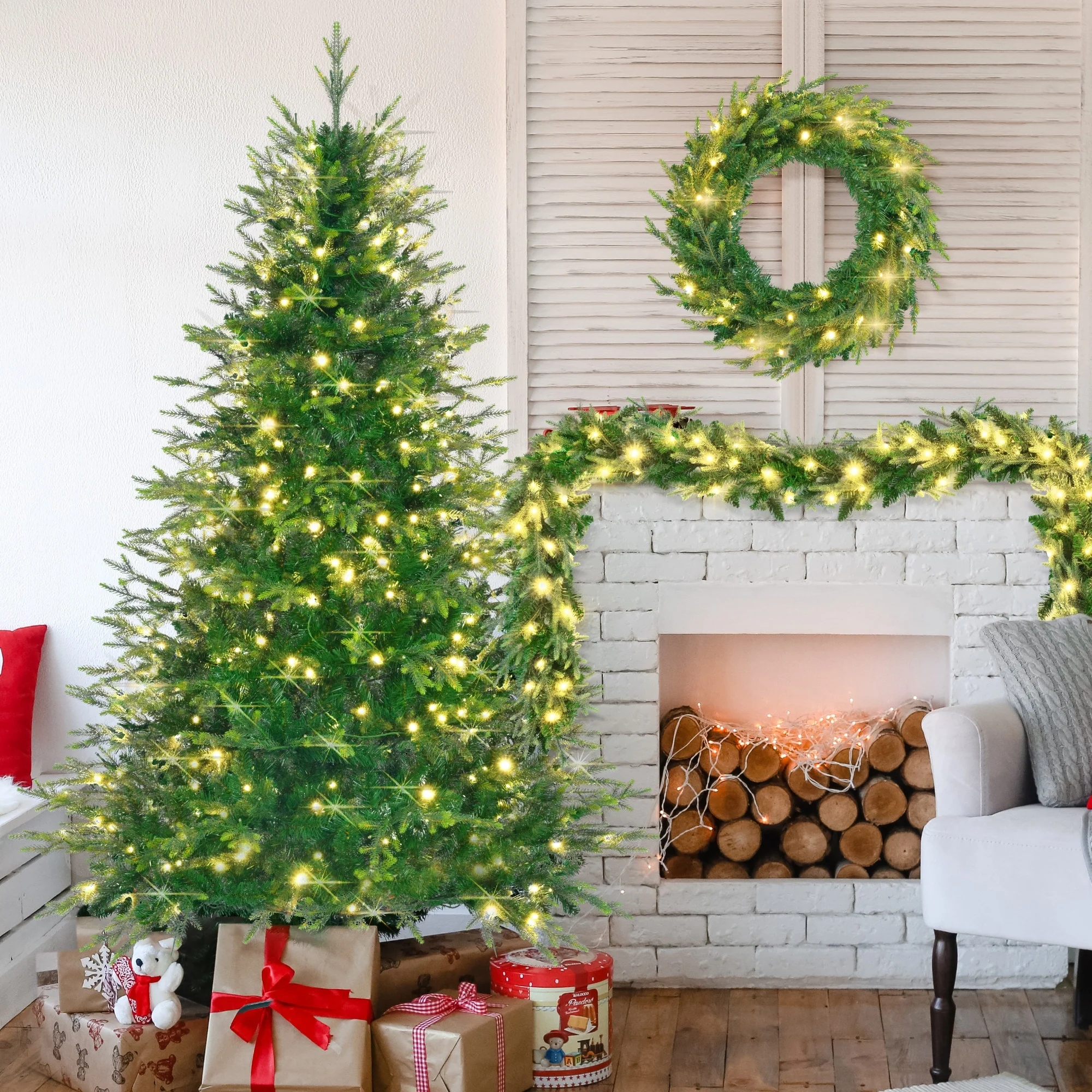 Pre-Lit Aspen Fir Xmas Tree Set - 6FT Artificial Tree with 9FT Garland & 20