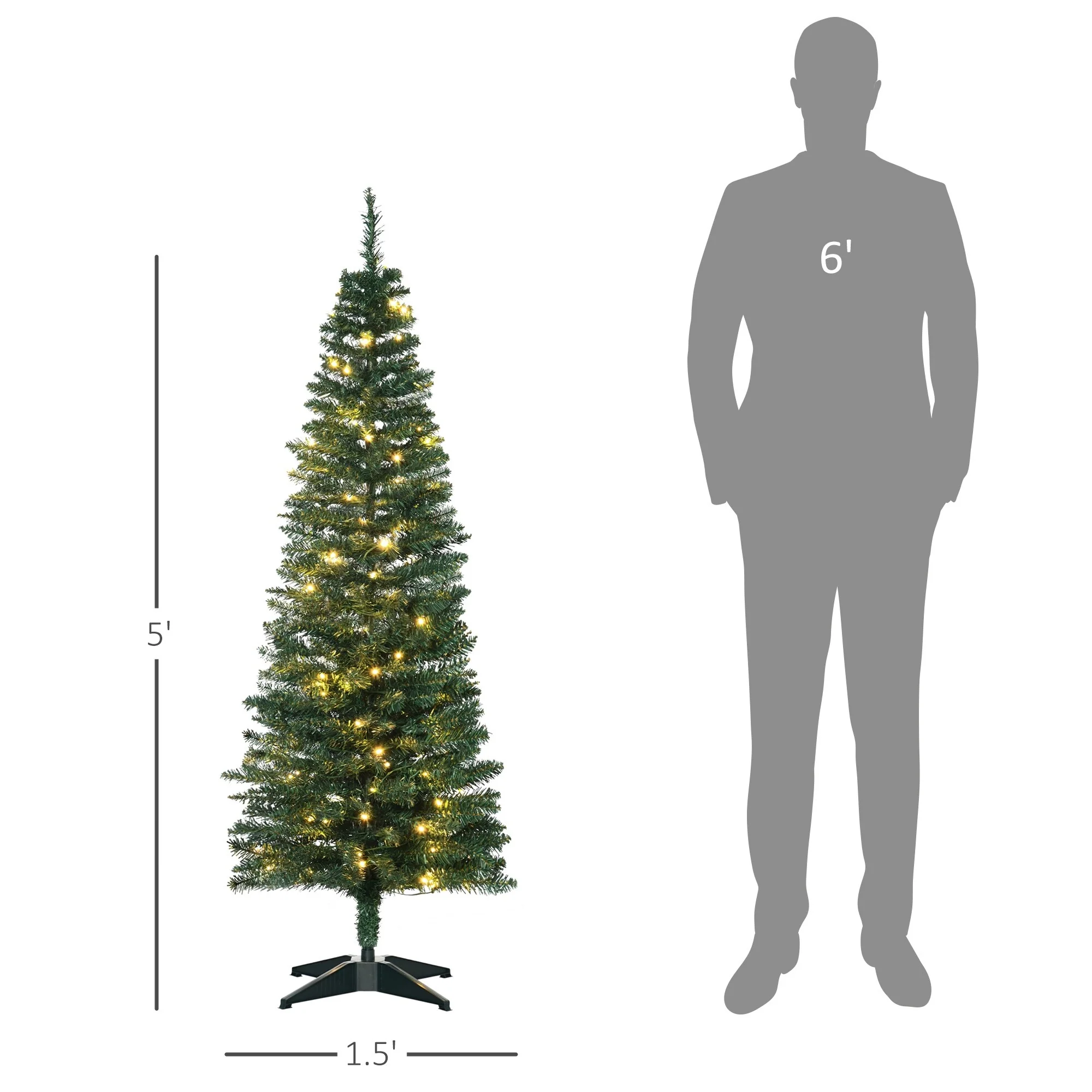 Slim Noble Fir Artificial Christmas Tree 5ft Tall with Warm White LEDs, 294 Tips, and Secure Metal Base