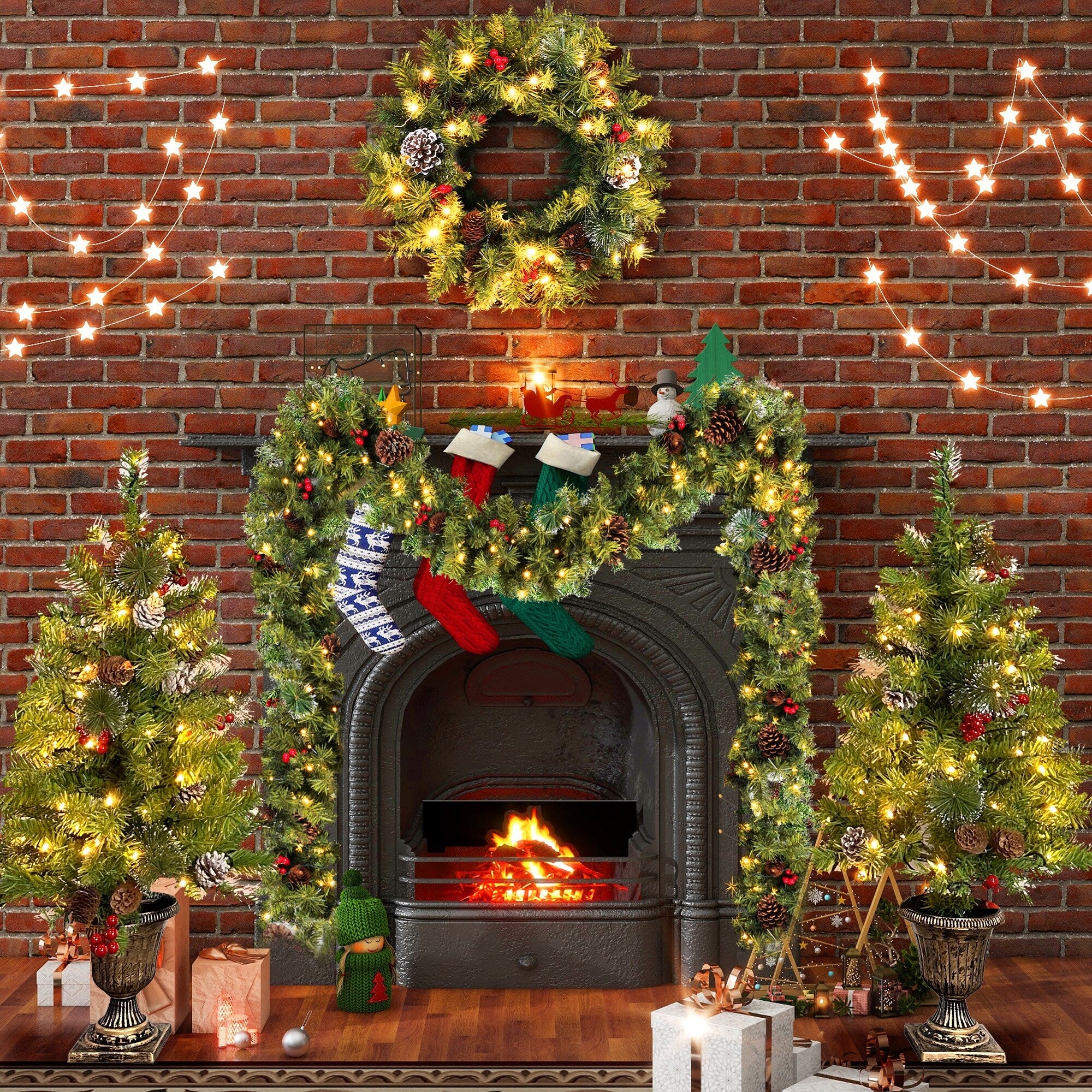 4-Piece Artificial Christmas Tree Set with LED Lights, 3FT Entrance Trees, Wreath & Garland.